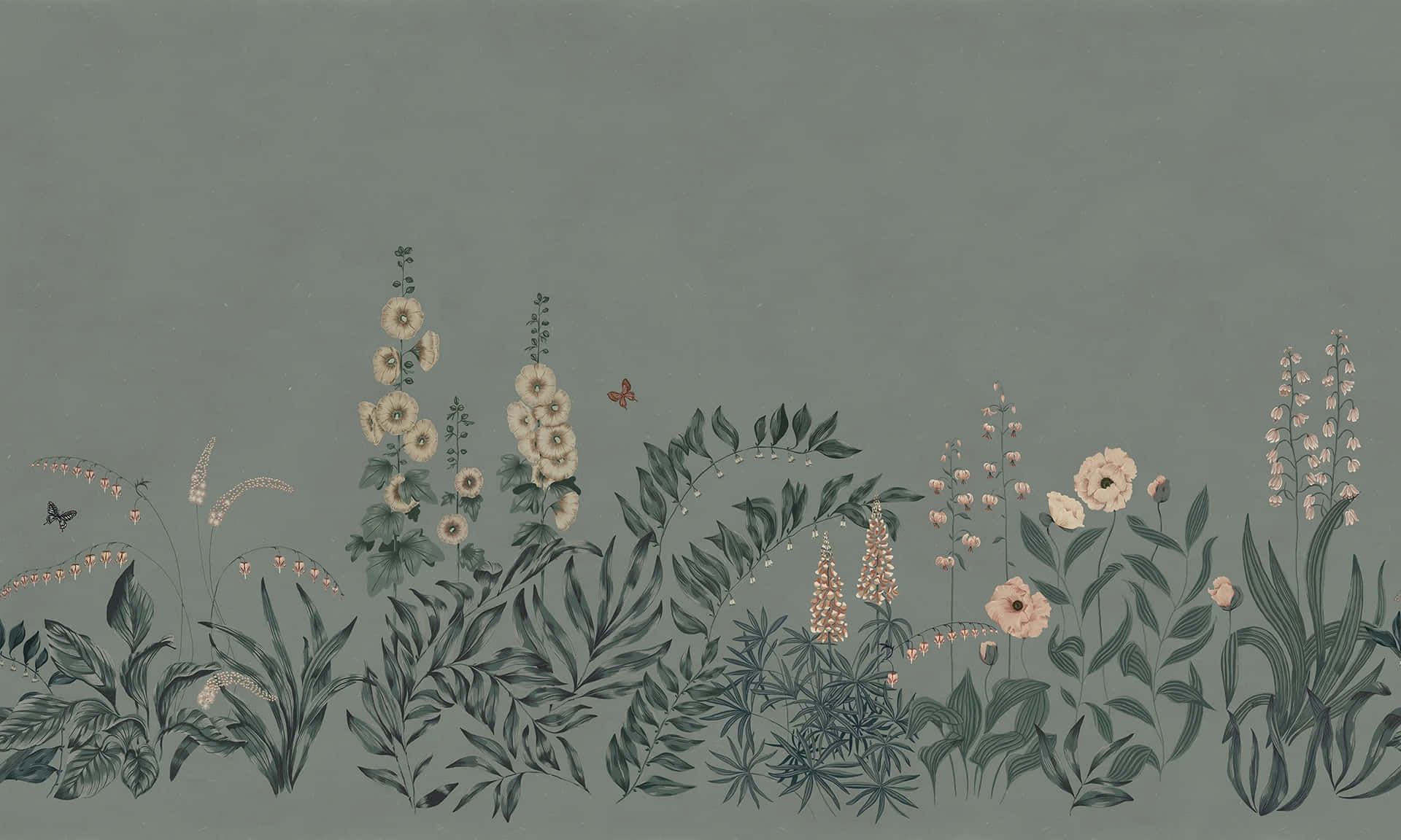  壁紙 — 精緻的植物插圖描繪了高大的蜀葵、毛地黃和風鈴草，蝴蝶點綴在柔和的鼠尾草綠色背景上。