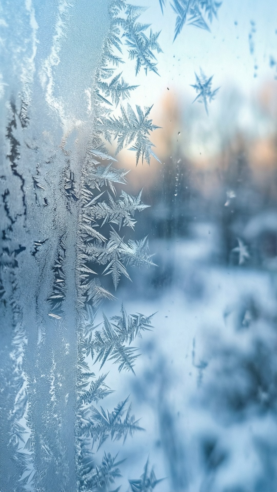 Frosted Window Abstract 壁紙 — 精緻的霜晶在冰冷的窗玻璃上形成複雜的星狀圖案，背景是柔和模糊的冬季風景。
