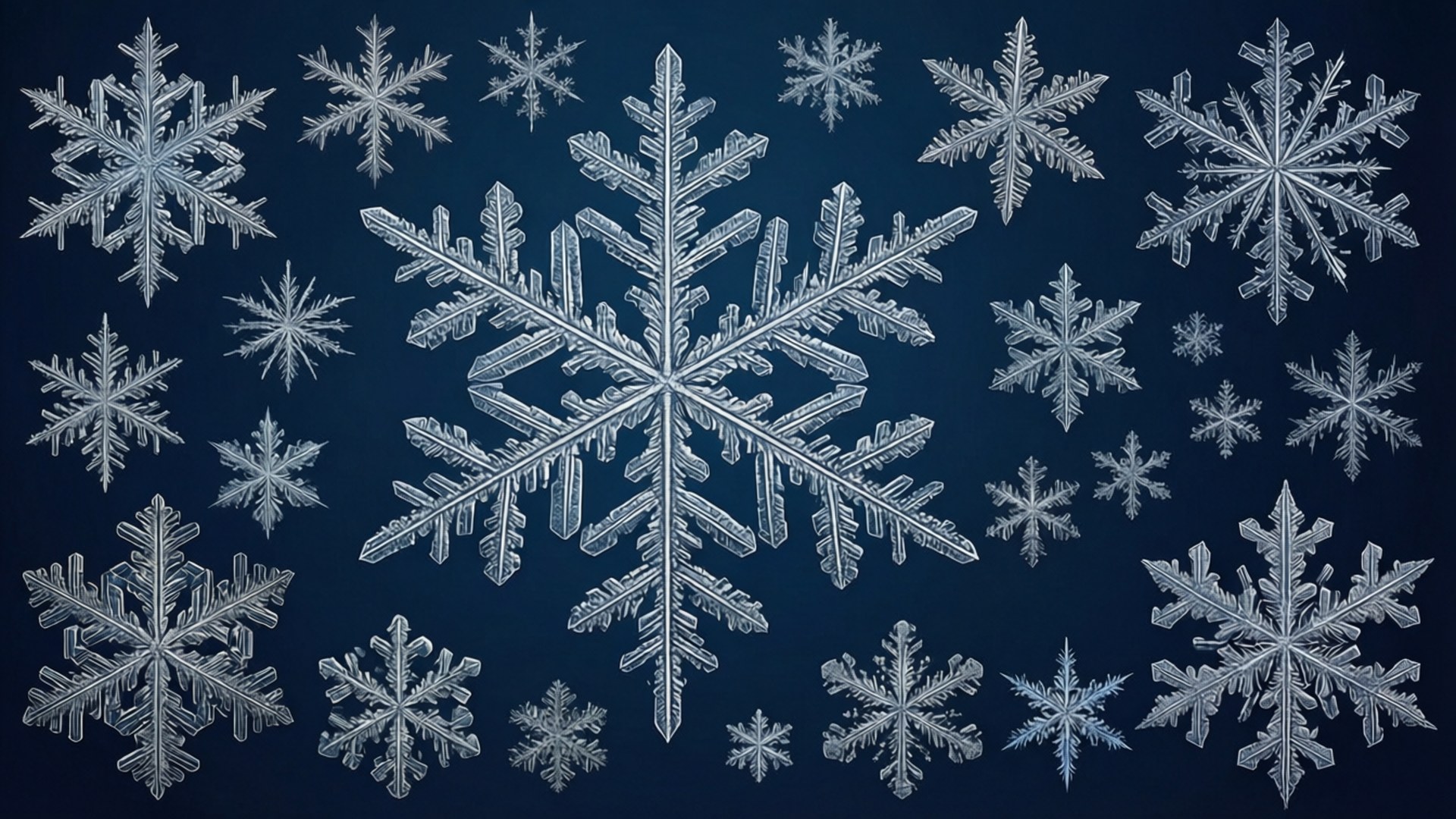 Snowflake Collection Collage 壁紙 — 精緻複雜、大小不一的雪花在深海軍藍背景下飄浮。