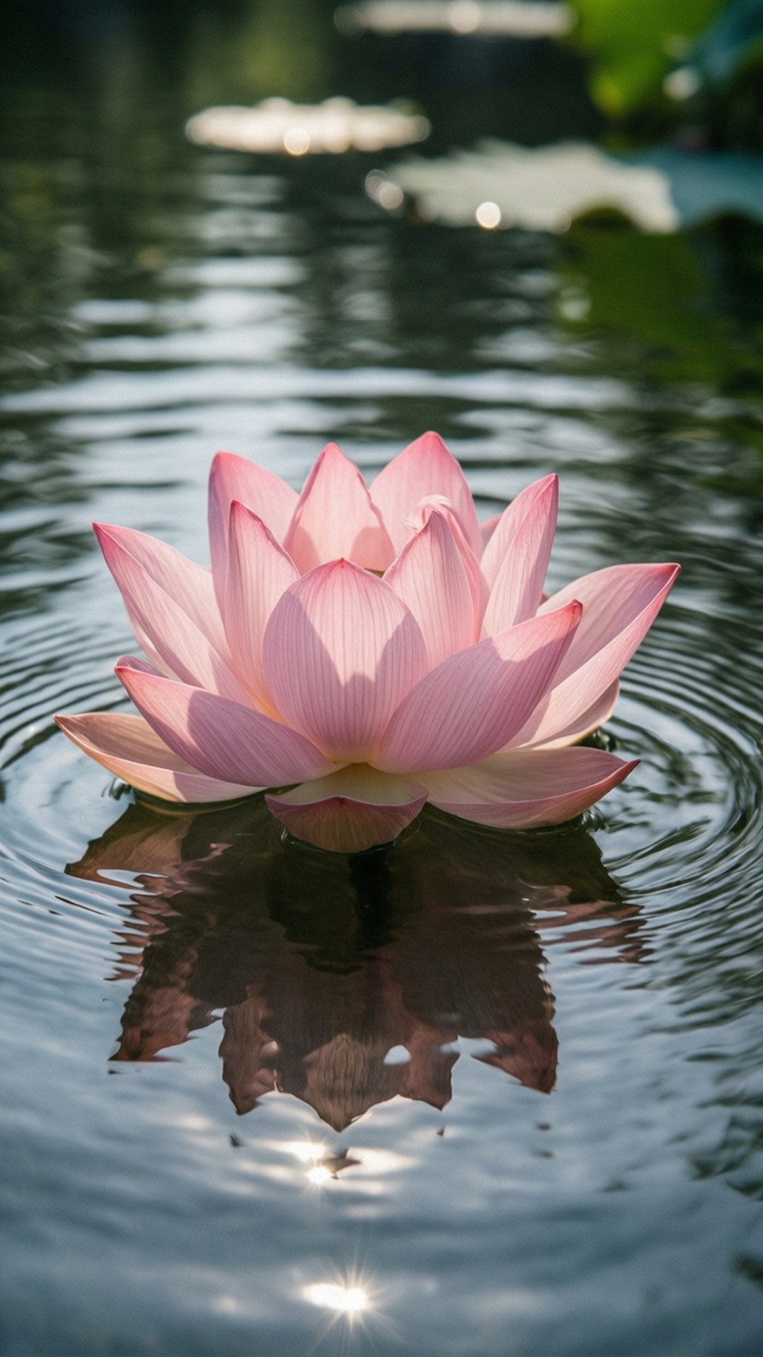 Lotus Pond Peace 壁紙 — 一朵精緻的粉紅蓮花在漣漪的水面上盛開，下方有清晰的倒影和陽光眩光。