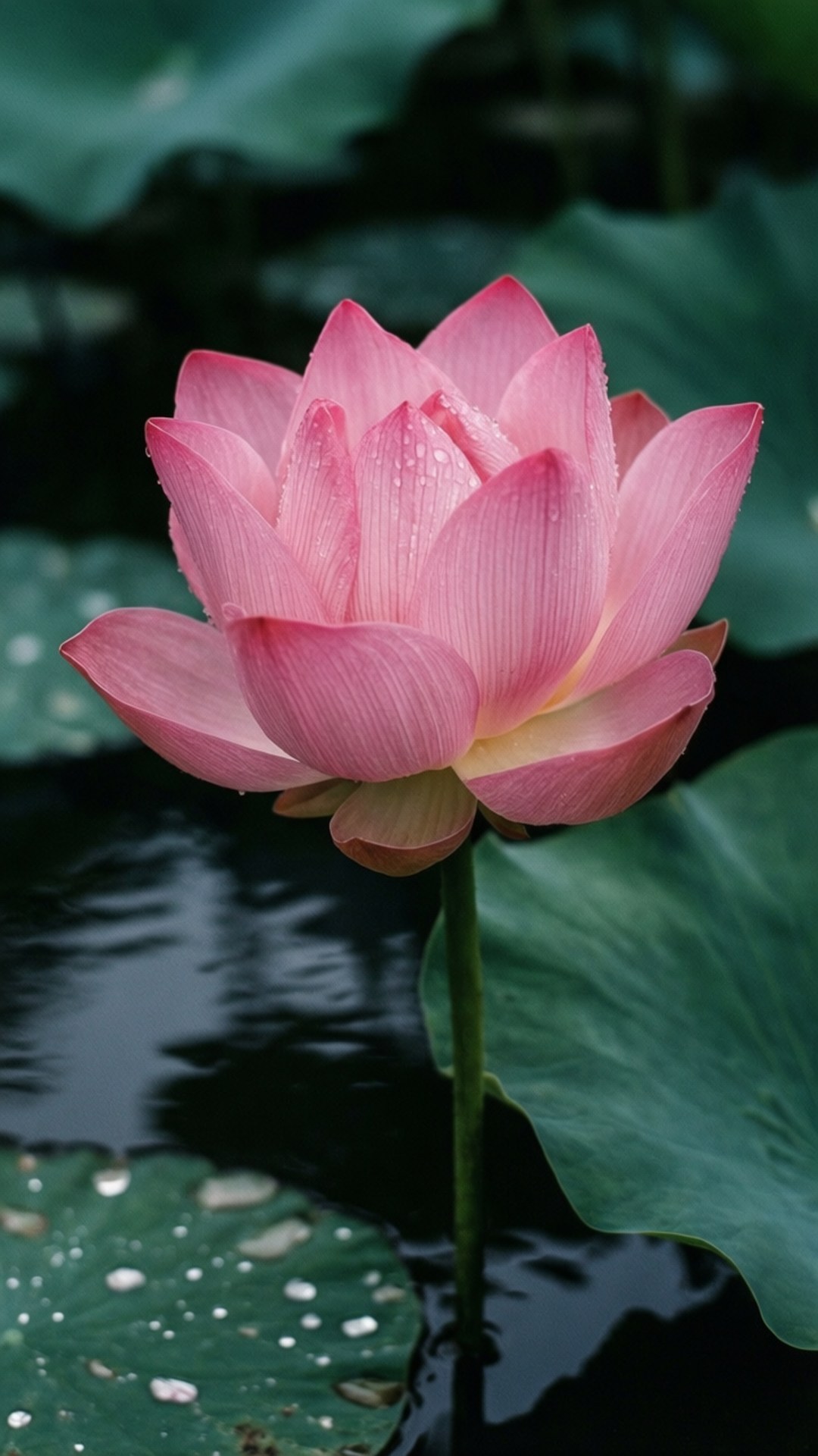 Pink Lotus Serenity 壁紙 — 一朵帶有露珠的精緻粉紅蓮花，在黑暗的水面上優雅地綻放，周圍環繞著巨大的綠色睡蓮葉。