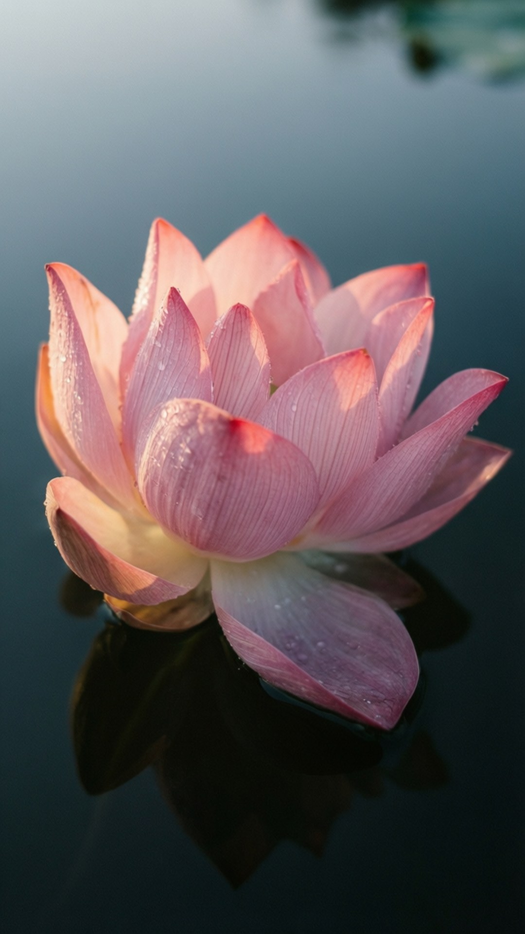 Lotus Flower Serenity 壁紙 — 一朵帶有露珠的精緻粉紅蓮花，靜靜地漂浮在映照其柔軟花瓣的暗色水面上。