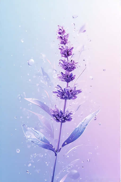 一株薰衣草，葉子和莖上有水滴，背景為粉彩藍色和粉紅色。 — Pastel 壁紙
