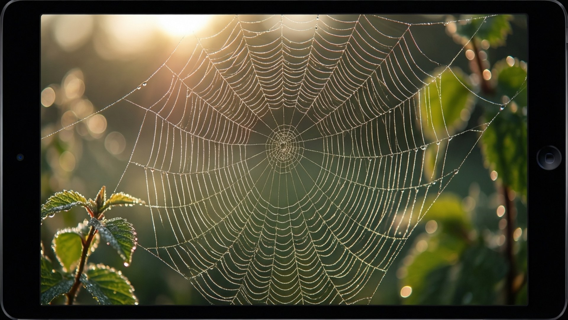 沾滿露水的蜘蛛網在晨光中閃耀，背景是柔焦的綠葉 — iPad 壁紙
