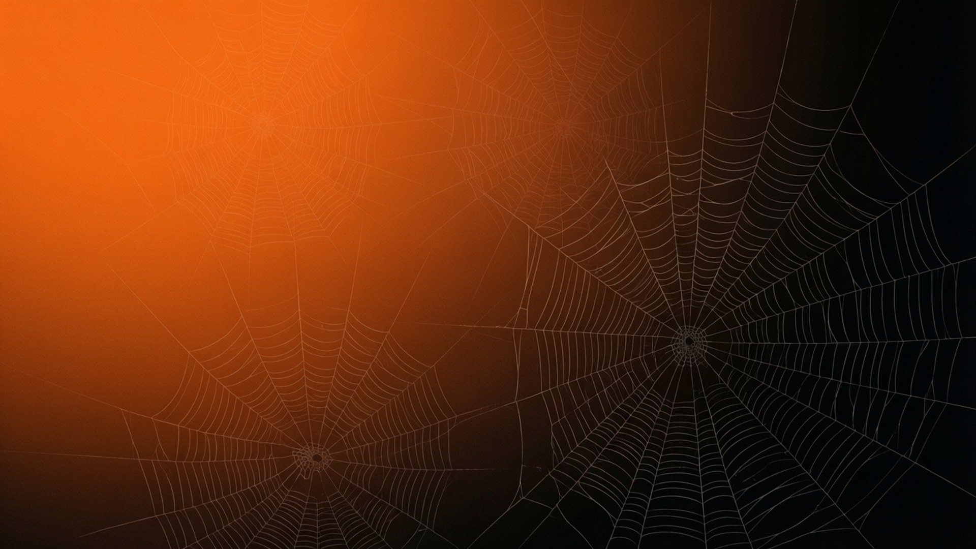 Orange Black Gradient 壁紙 — 精緻的蜘蛛網在從火橙色到深黑色的漸變中擴散，營造出詭異的萬聖節氣氛。