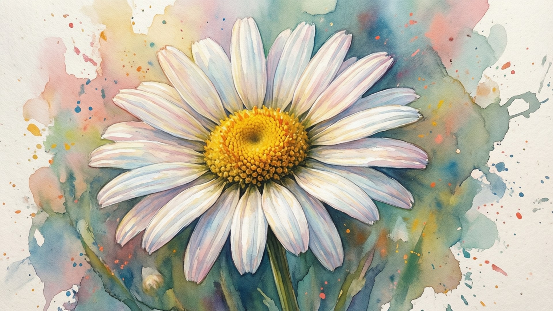 Watercolor Daisy Art 壁紙 — 一朵精緻的水彩雛菊，白色花瓣和鮮黃色花心，在濺灑的粉彩背景上綻放。