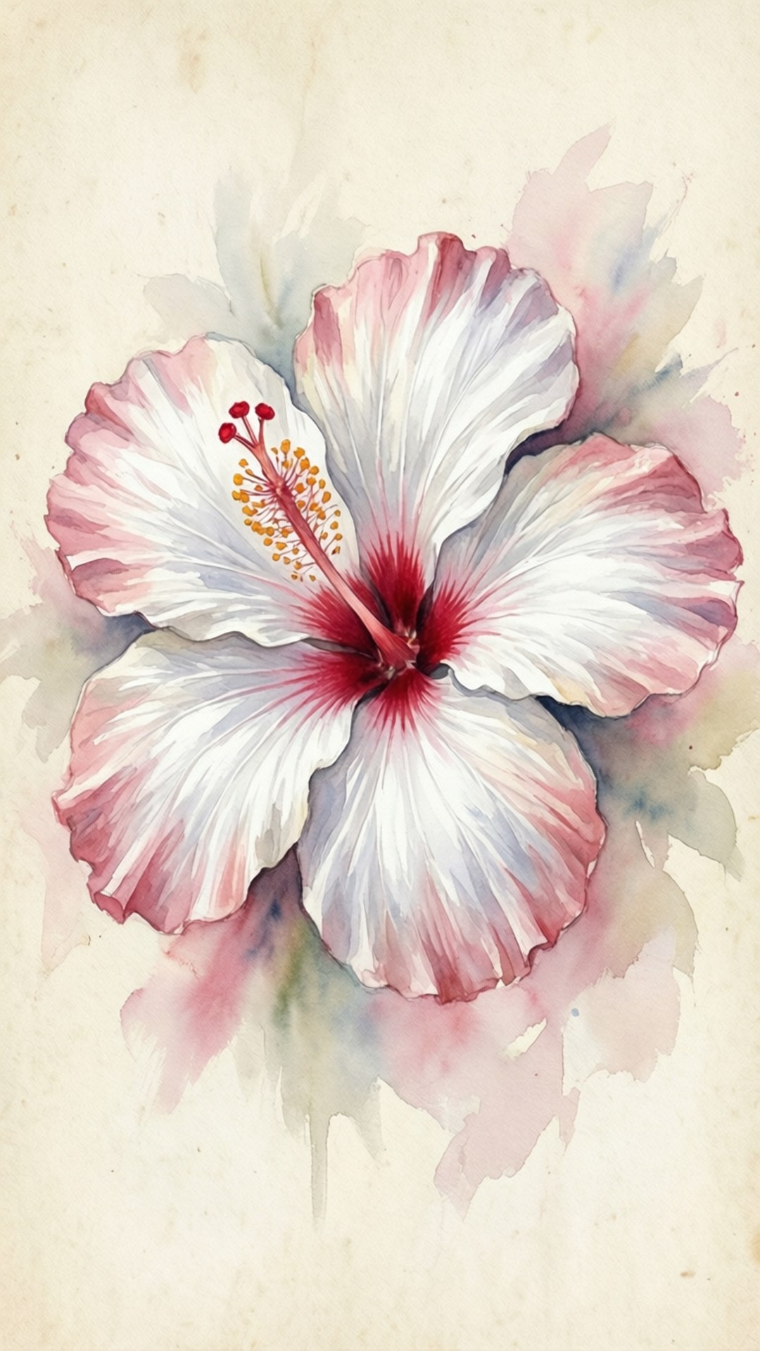 Watercolor White Hibiscus 壁紙 — 一朵精緻的水彩木芙蓉，白色花瓣邊緣帶粉紅色，鮮紅色的花心在柔軟的紋理米色背景上綻放。