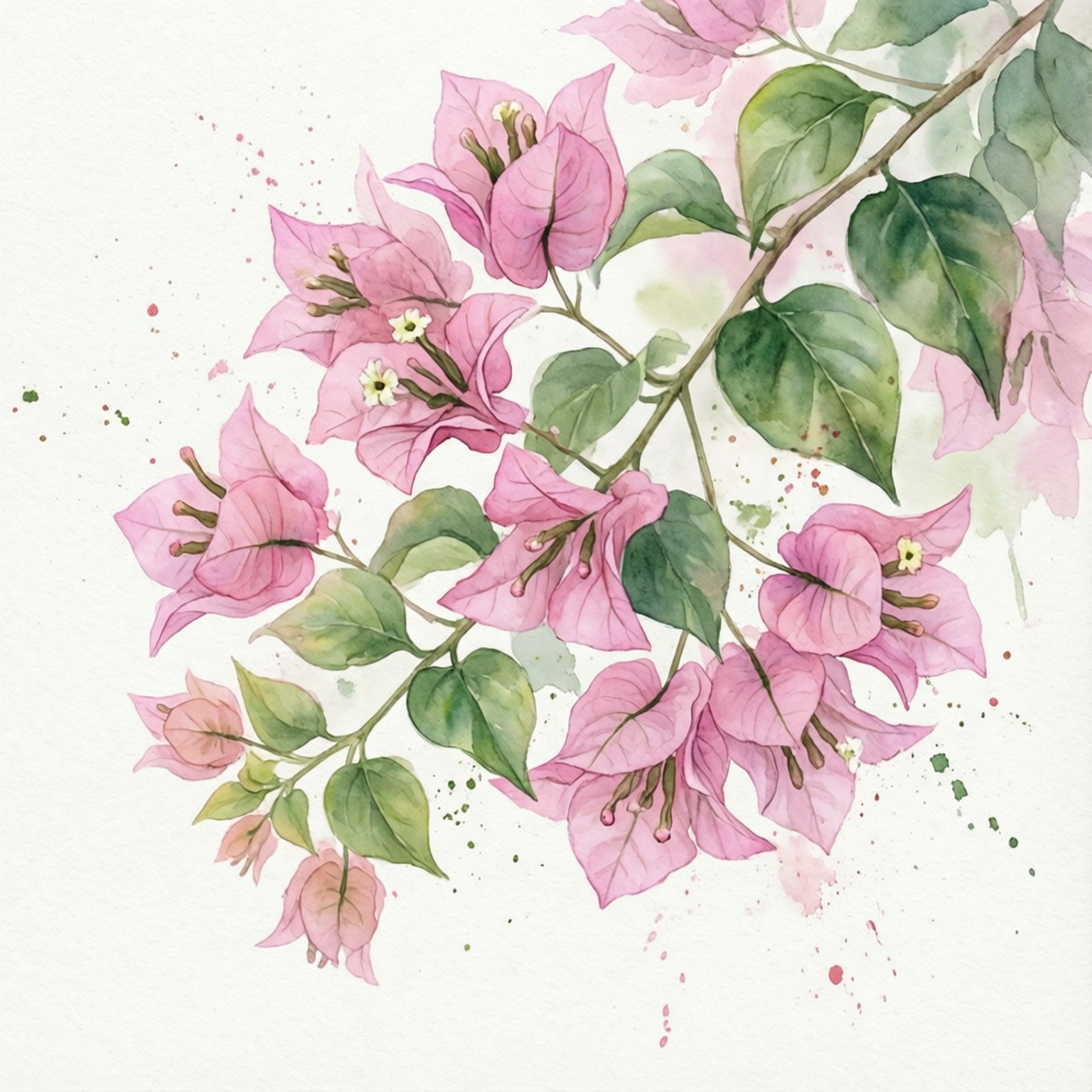 Watercolor Blush Bougainvillea 壁紙 — 一幅精緻的水彩畫，描繪粉紅色的九重葛花朵和綠葉，在淺色背景上有飛濺的顏料點綴。