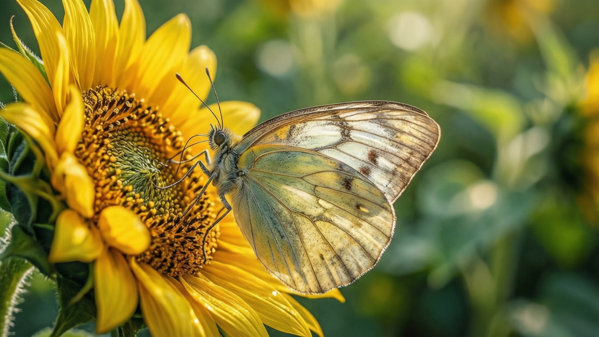 Butterfly on Sunflower 壁紙 — 一隻精緻的白色蝴蝶帶有棕色斑紋，棲息在鮮黃色的向日葵上，背景是柔和的綠色模糊效果。
