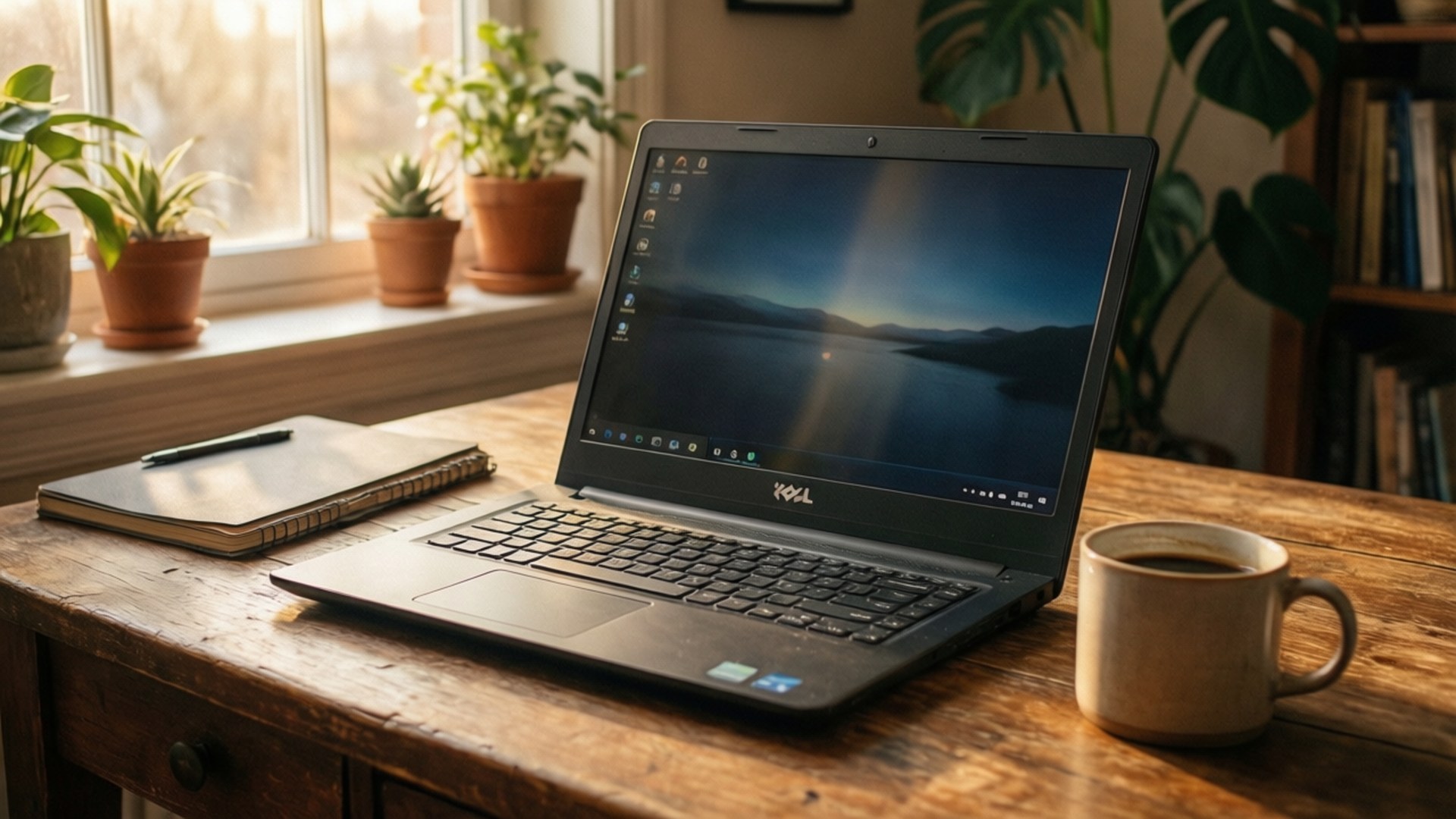 Cozy Dell Workspace 壁紙 — 一台 Dell 筆記型電腦打開放在一張鄉村風木桌上，旁邊有咖啡杯和筆記本，盆栽植物在陽光充足的窗邊。