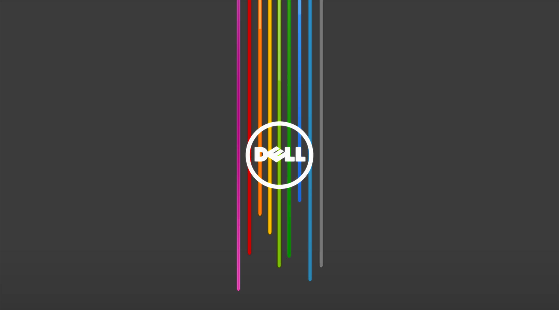 深灰色背景上帶有彩色垂直條紋的 Dell 標誌 — Dell 壁紙
