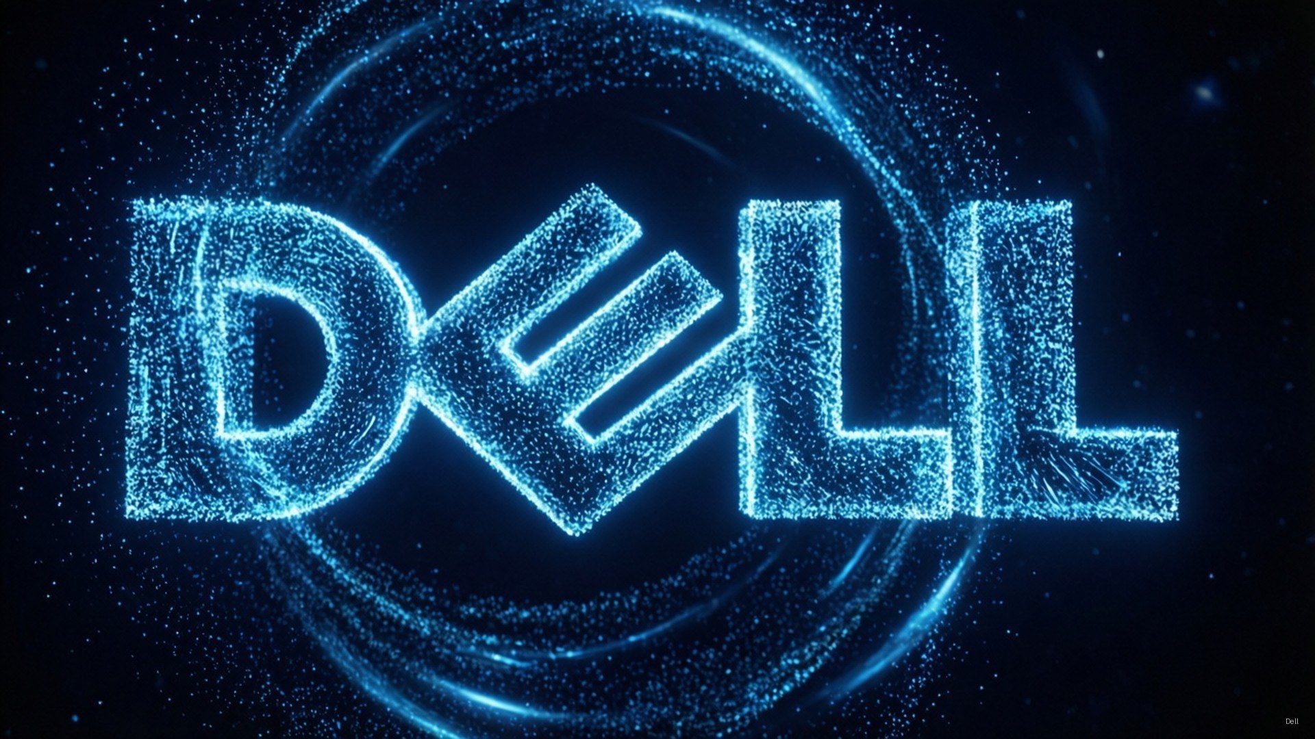 Glowing Particle Dell Wordmark 壁紙 — Dell 標誌在黑暗星空背景下，由電光藍色粒子在宇宙漩渦中旋轉發光。