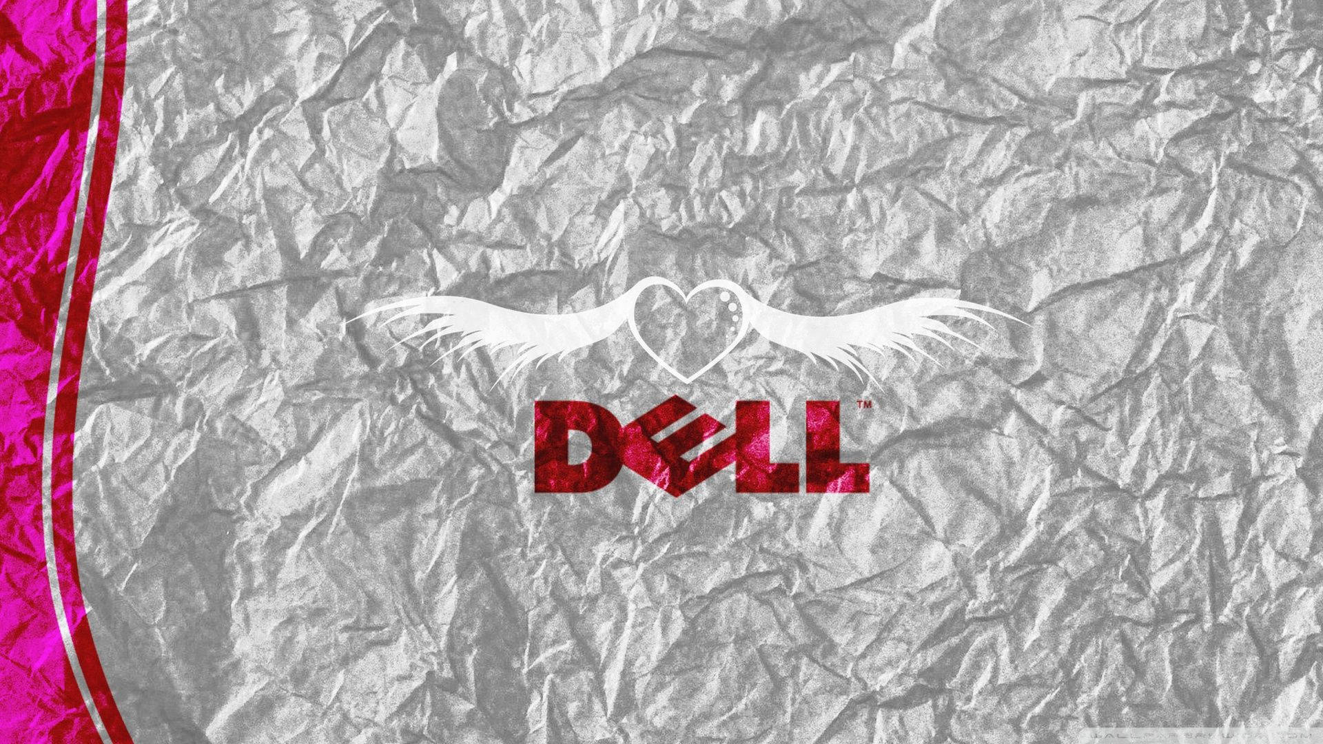 dell HD 桌布 壁紙 — Dell 標誌，帶有天使翅膀和心形徽章，位於皺巴巴的銀色箔紙上，帶有充滿活力的粉紅色彎曲點綴。