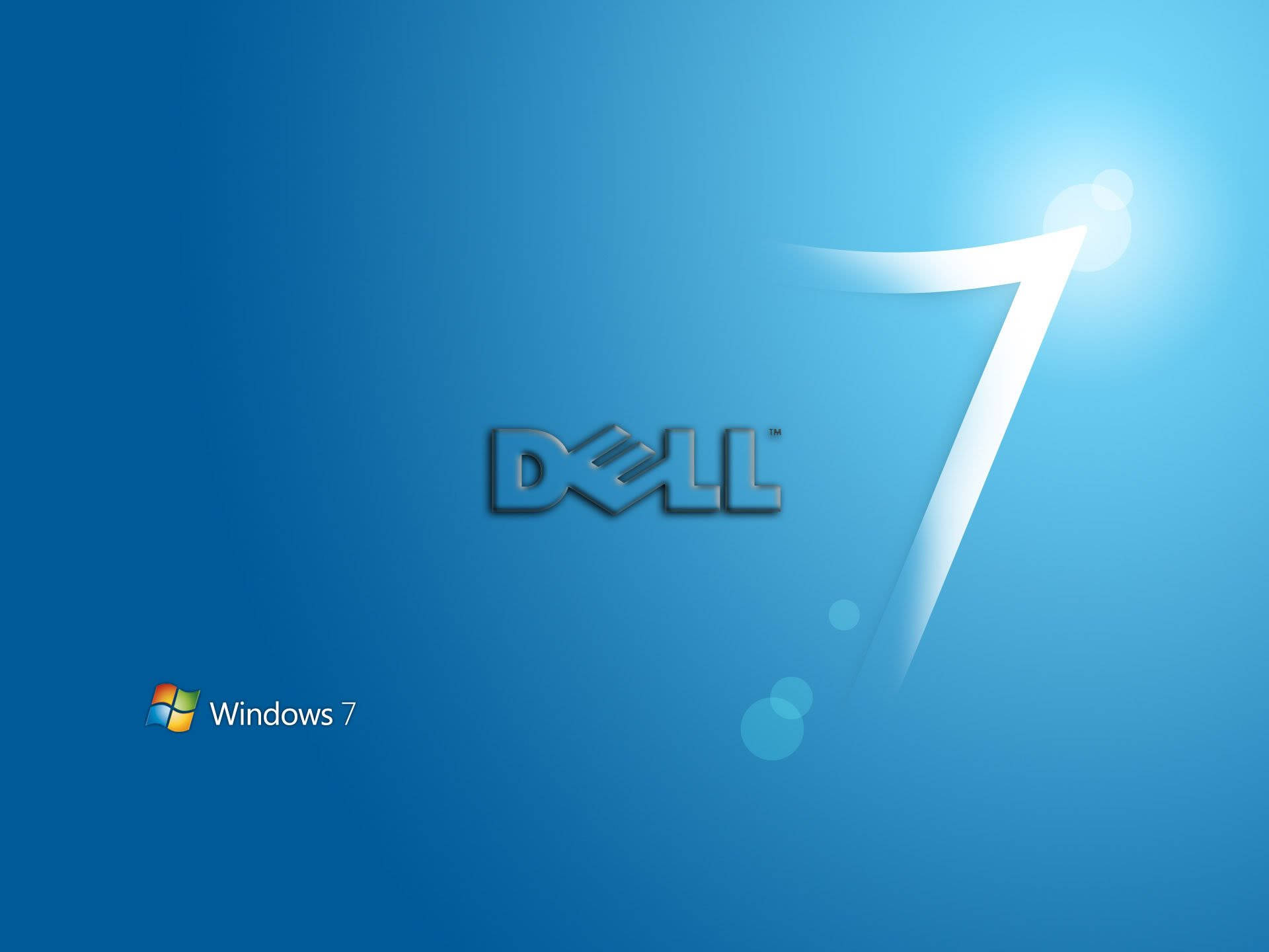 戴爾 HD 桌布 壁紙 — Dell 標誌和 Windows 7 品牌標誌漂浮在帶有發光效果的藍色漸變背景上。