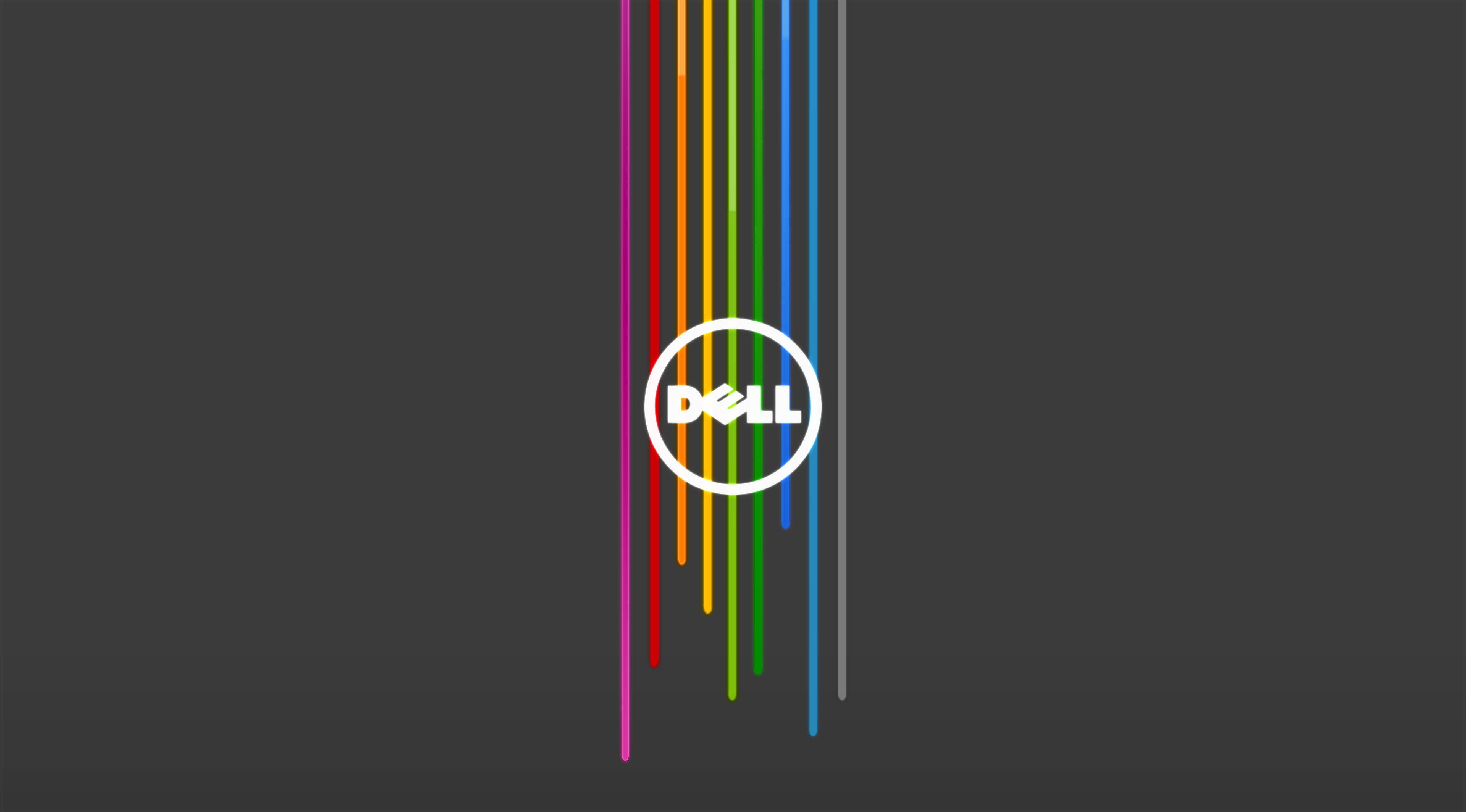 彩色動圖 桌布 壁紙 — Dell 標誌居中，帶有鮮豔的垂直彩虹條紋，背景為深灰色。