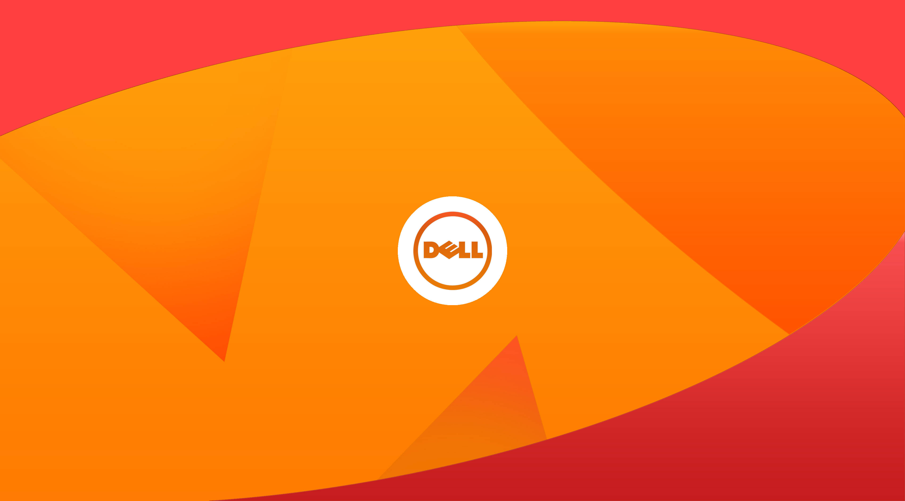 dell 4K 桌布 壁紙 — Dell 標誌居中於充滿活力的橙色和紅色幾何形狀抽象背景上。