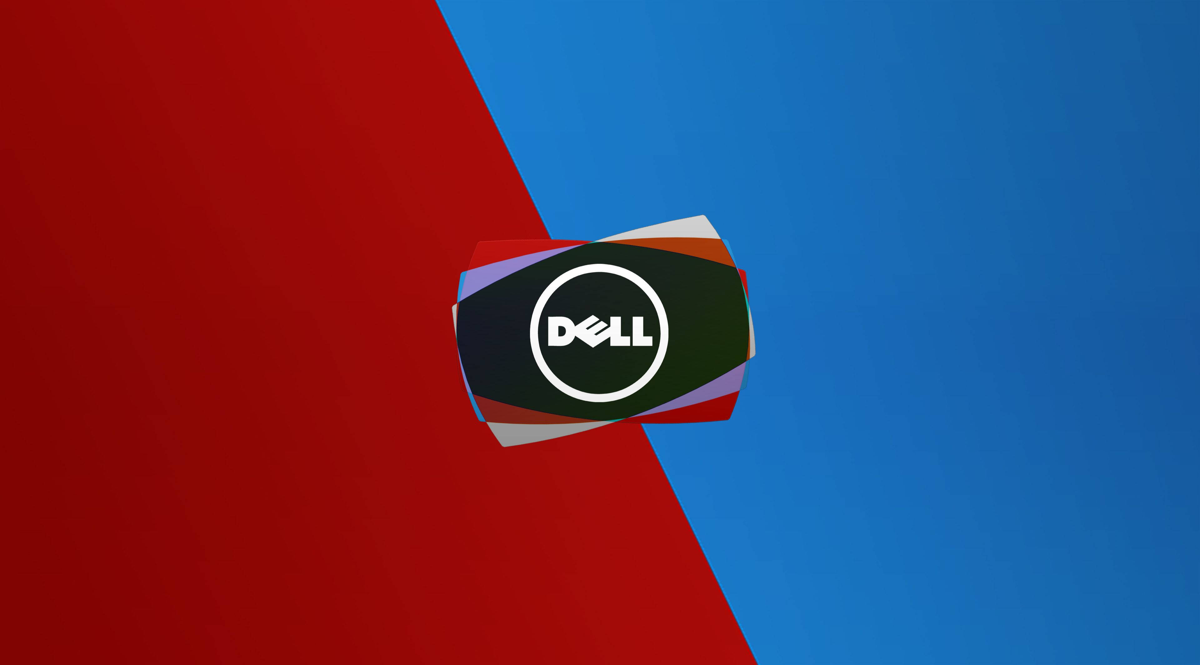 dell 4K 桌布 壁紙 — Dell 標誌居中於大膽的紅藍對角分割背景，帶有微妙的層疊色彩點綴。
