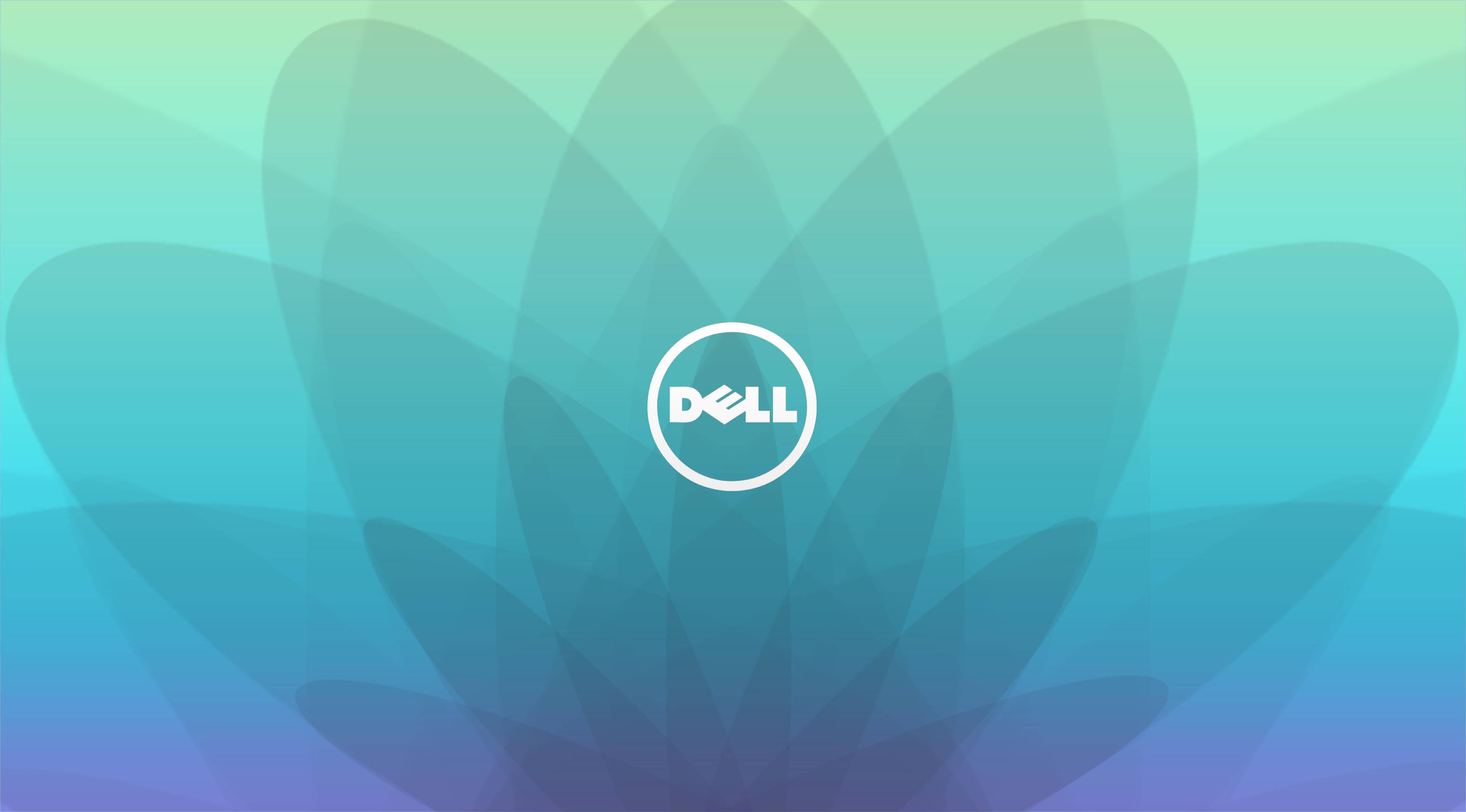 dell 4K 桌布 壁紙 — Dell 標誌居中於柔和漸變背景上，帶有青綠色和藍色調的分層花瓣狀形狀。