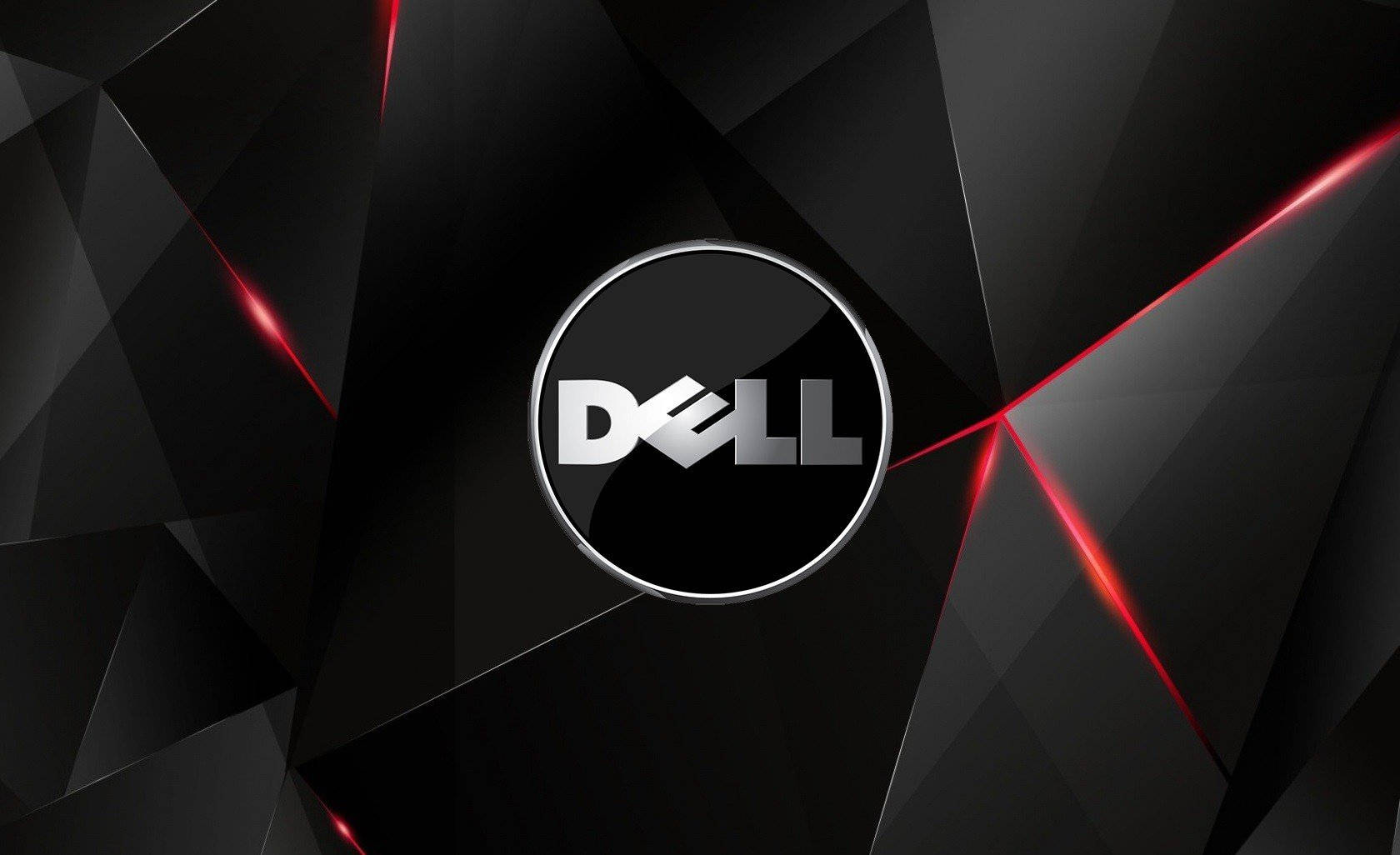 dell HD 桌布 壁紙 — Dell 標誌居中於黑色幾何背景上，帶有發光的紅色線條。