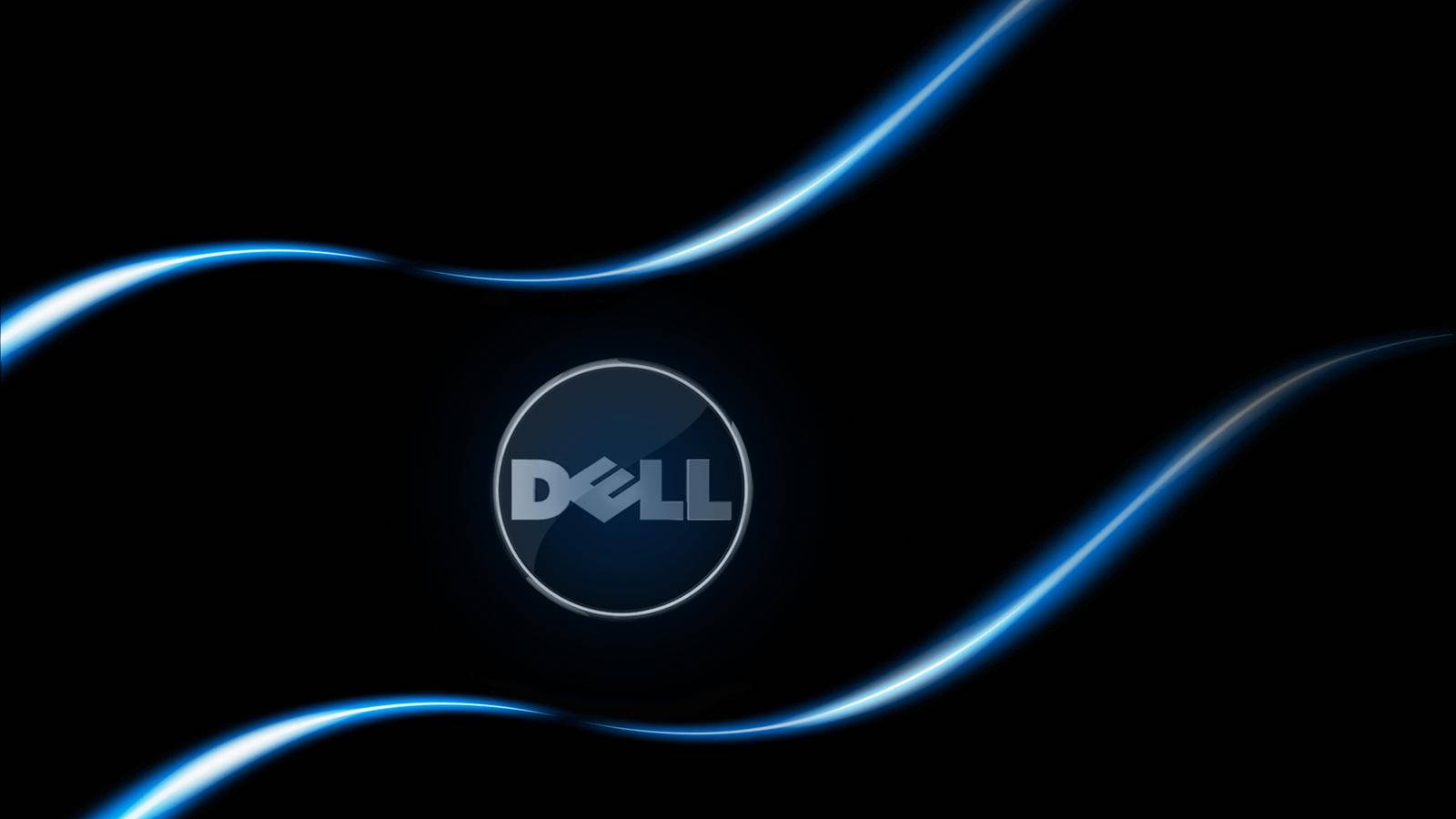 戴爾 HD 桌布 壁紙 — Dell 標誌居中於黑色背景上，帶有發光的藍色曲線環繞流動。