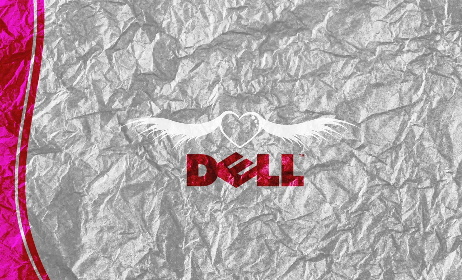 Dell 桌布 壁紙 — Dell 標誌搭配天使翅膀和心形徽章，位於皺紋銀色紙上，帶有鮮豔的粉紅色彎曲邊框。