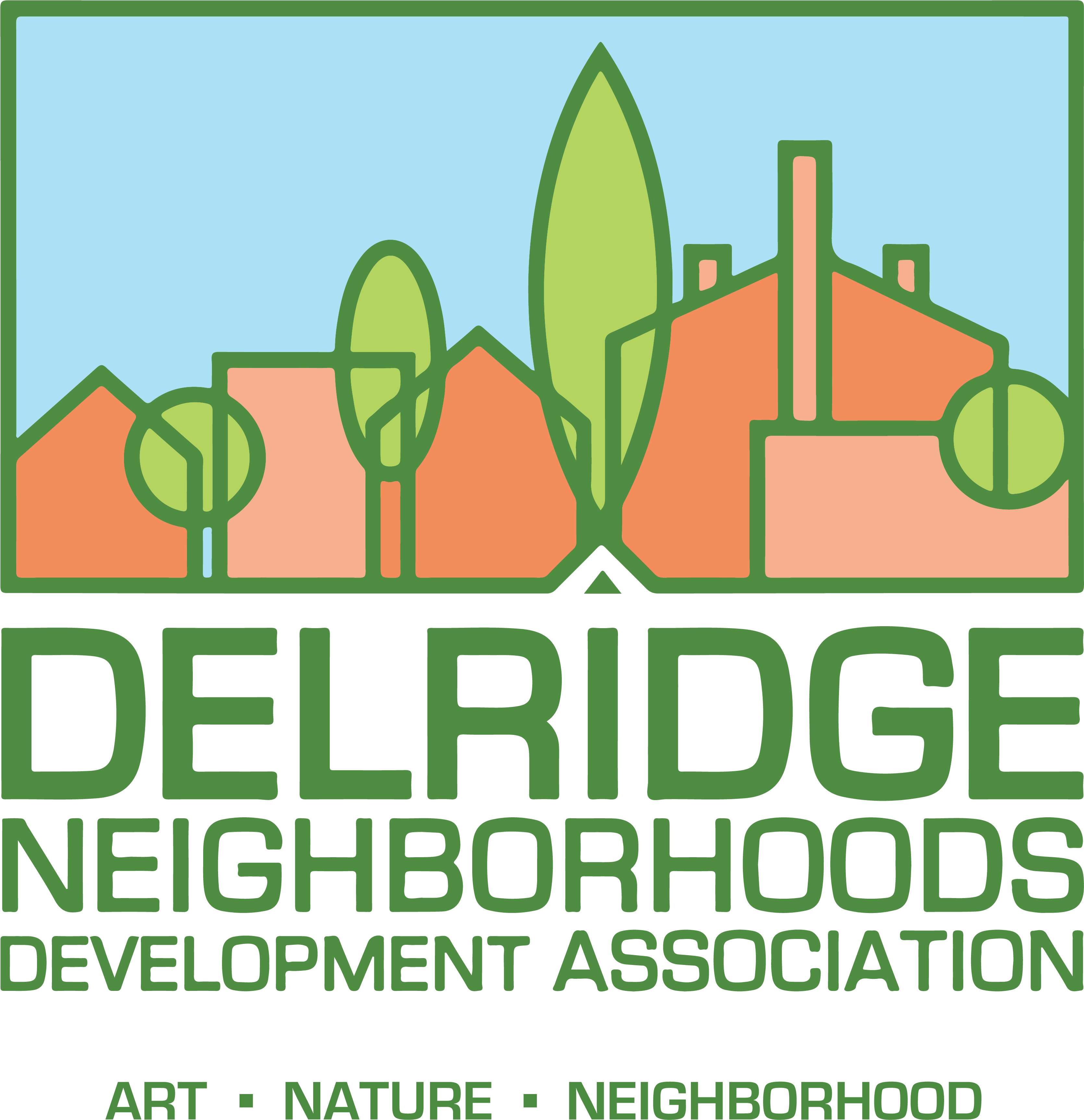 Associates 桌布 壁紙 — Delridge Neighborhoods Development Association 的風格化標誌，帶有橙色房屋、綠色樹木和藍天。