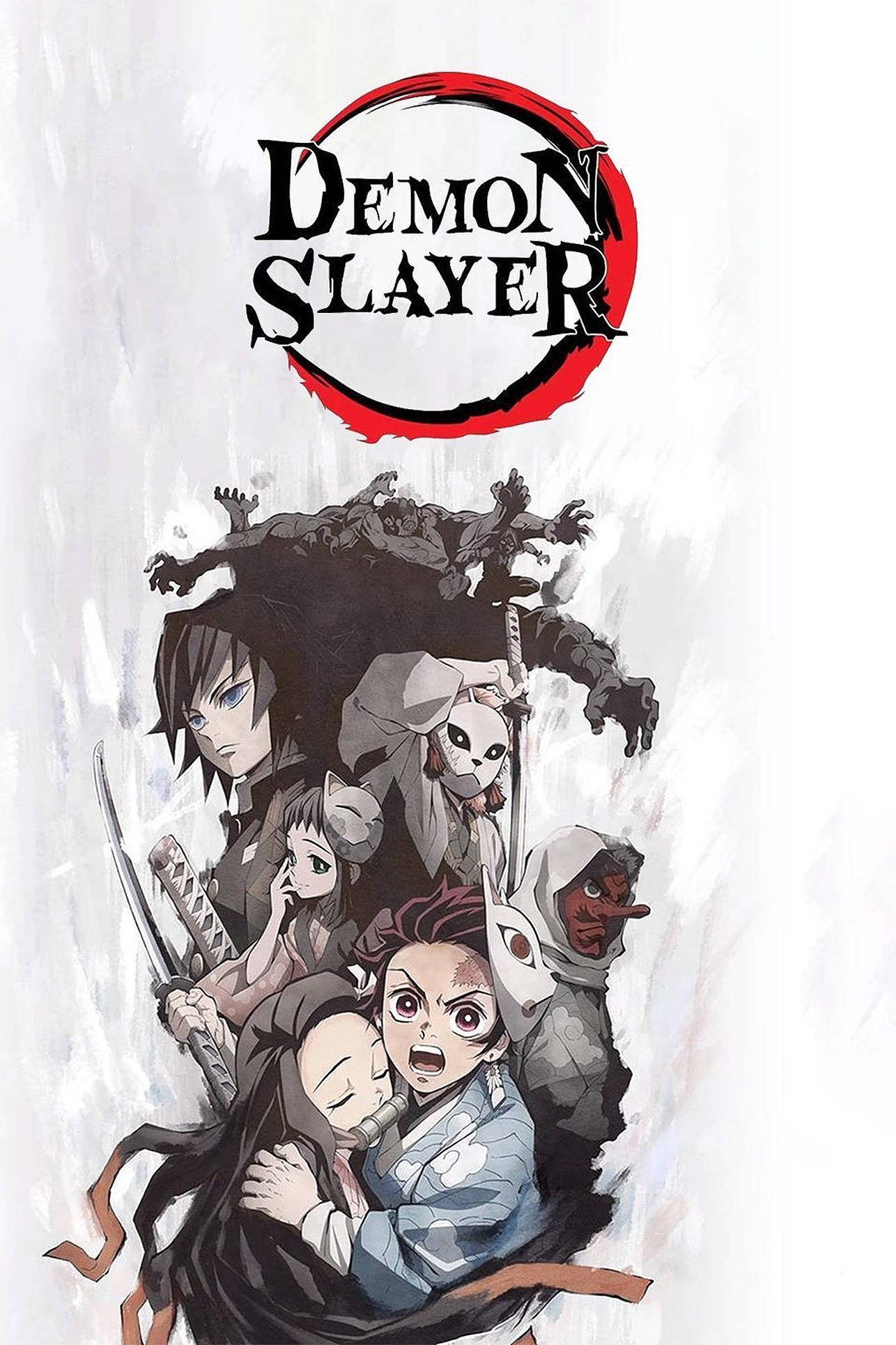 鬼滅之刃標誌 桌布 壁紙 — Demon Slayer 角色以動感動漫姿勢呈現，紅色月亮標誌置於紋理白色背景上。