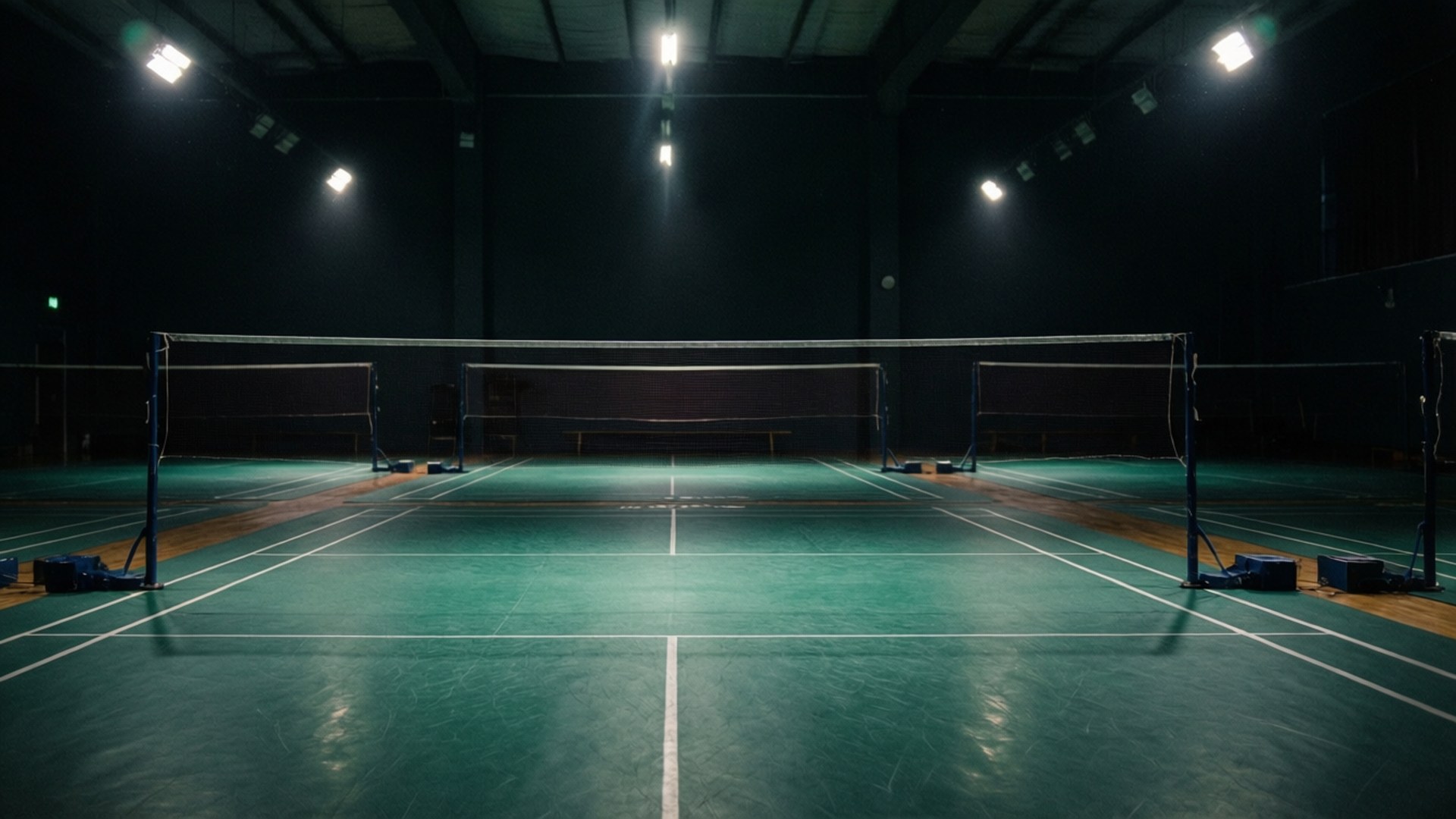 Empty Court 壁紙 — 燈光昏暗的室內羽毛球場，綠色地板和白色線條被頭頂聚光燈照亮。