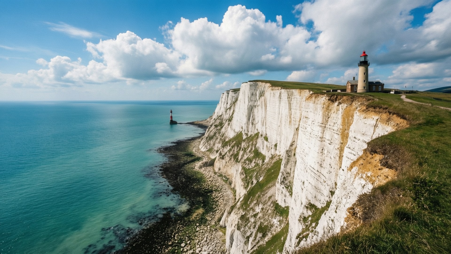 White Cliffs of Dover 壁紙 — 燈塔矗立在戲劇性的白色白堊懸崖上，俯瞰著碧綠色的海洋，天空湛藍，雲朵蓬鬆。