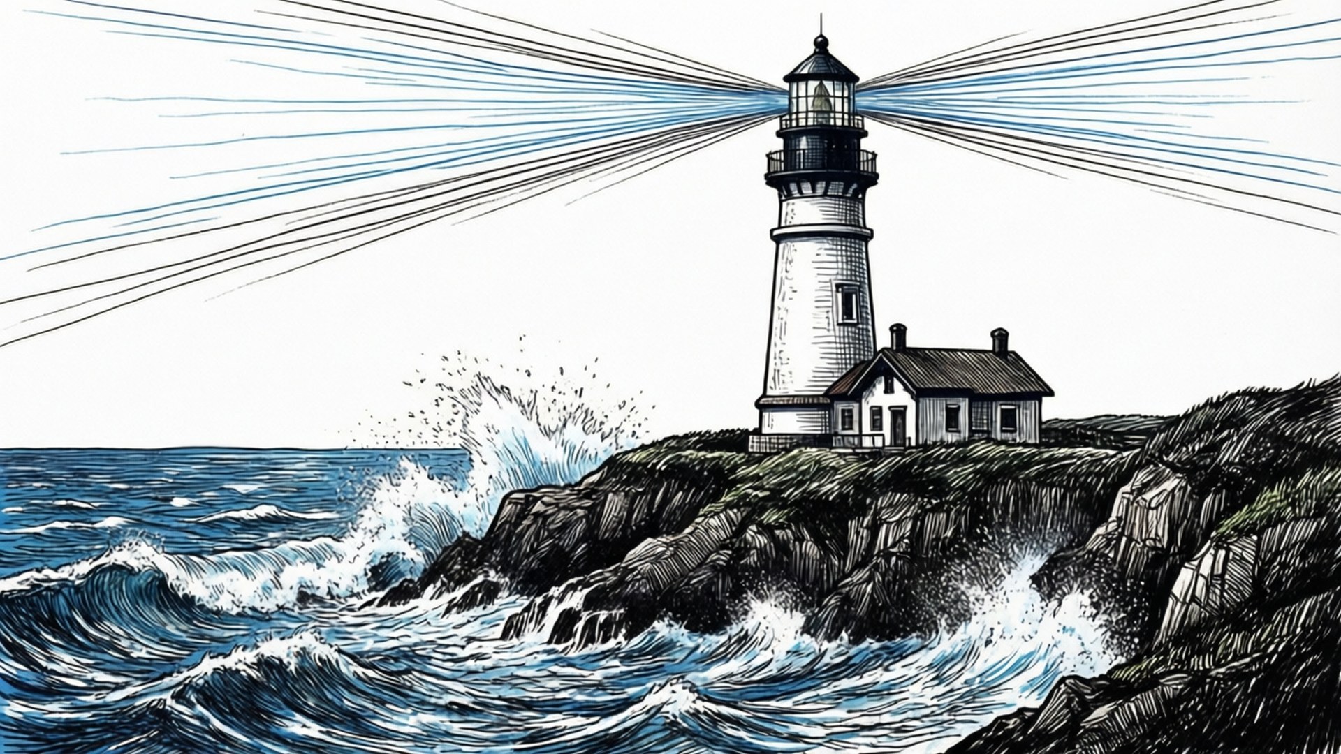 Lighthouse Cliff Doodle 壁紙 — 燈塔屹立在岩石峭壁上，下方波濤洶湧，光束向外輻射。