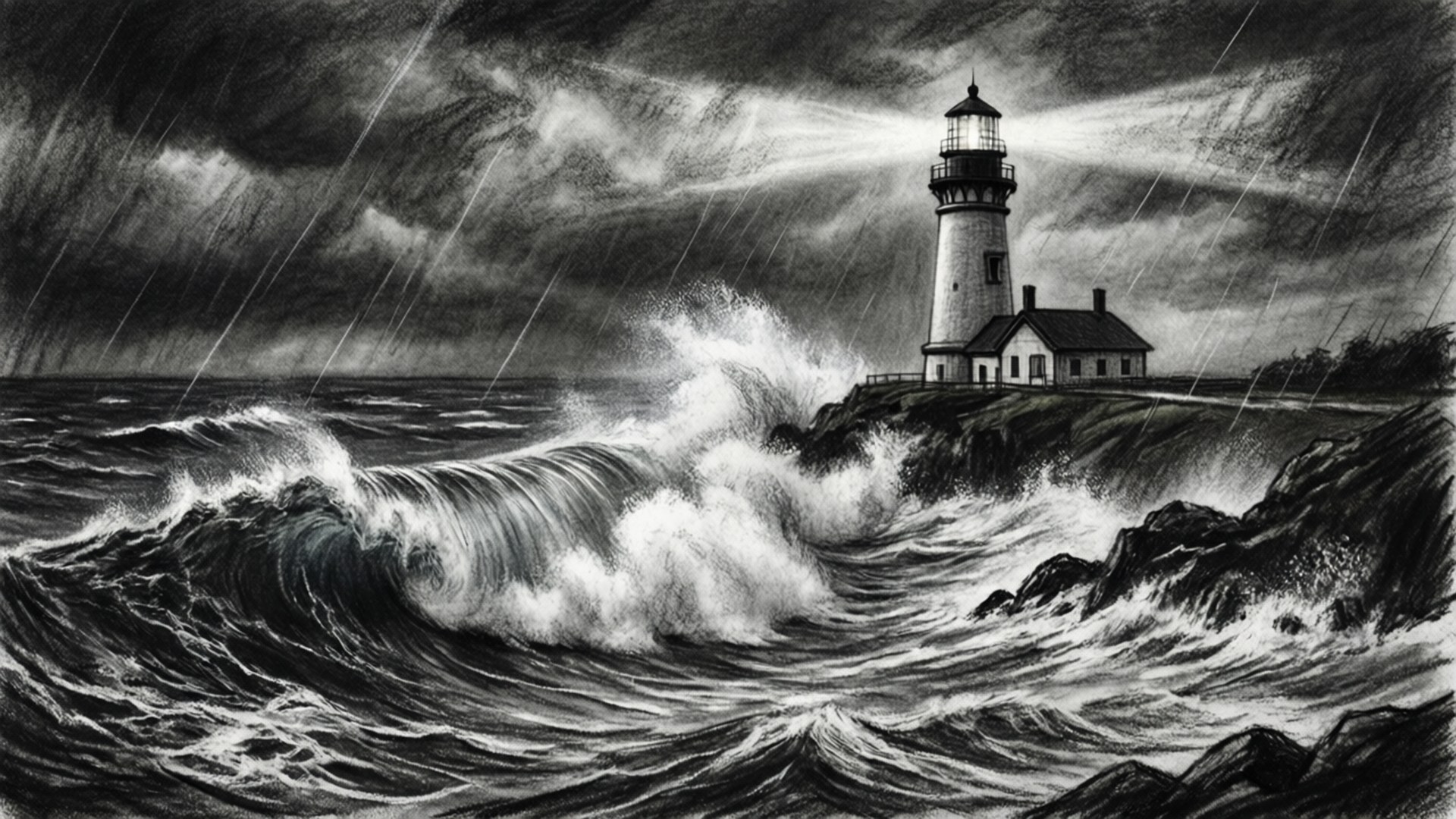 Stormy Sea Charcoal 壁紙 — 燈塔在洶湧波濤和暴風雨中傲然屹立，一幅戲劇性的黑白畫作。