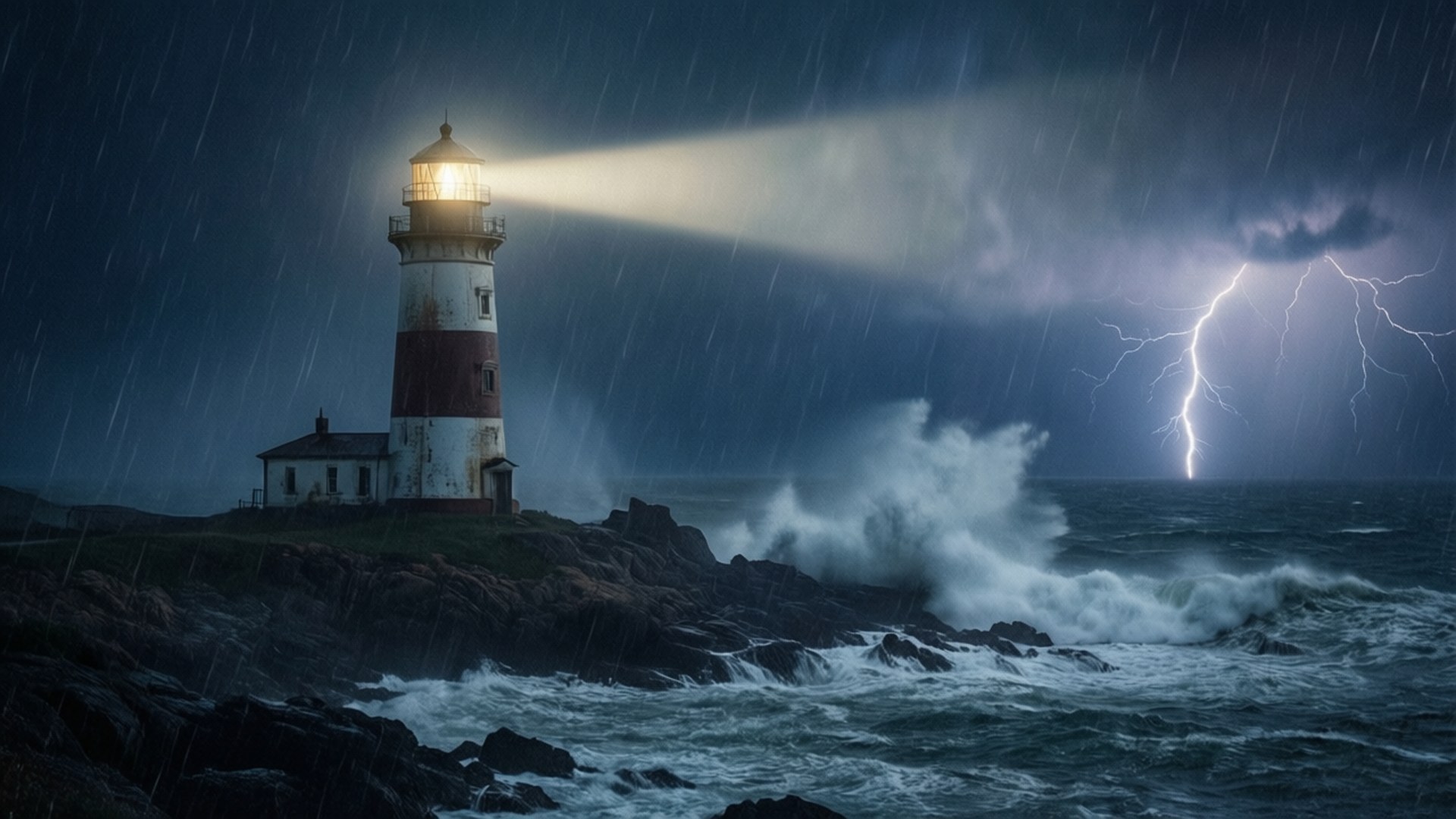 Lighthouse in Storm 壁紙 — 燈塔在暴風雨之夜發出光芒，閃電劃破天際，海浪拍打岩石海岸。