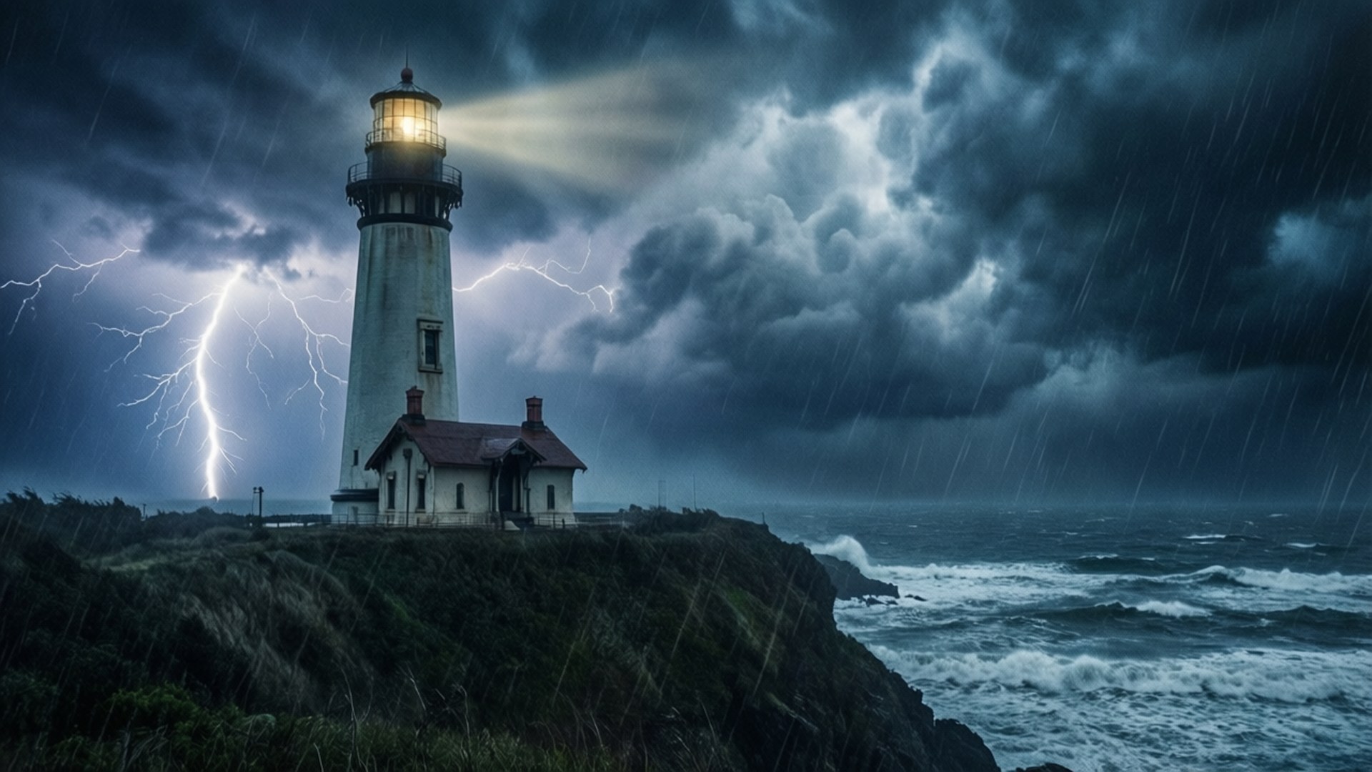 Storm Lighthouse 壁紙 — 燈塔在暴風雨中發出光芒，伴隨著閃電和下方洶湧的波浪。