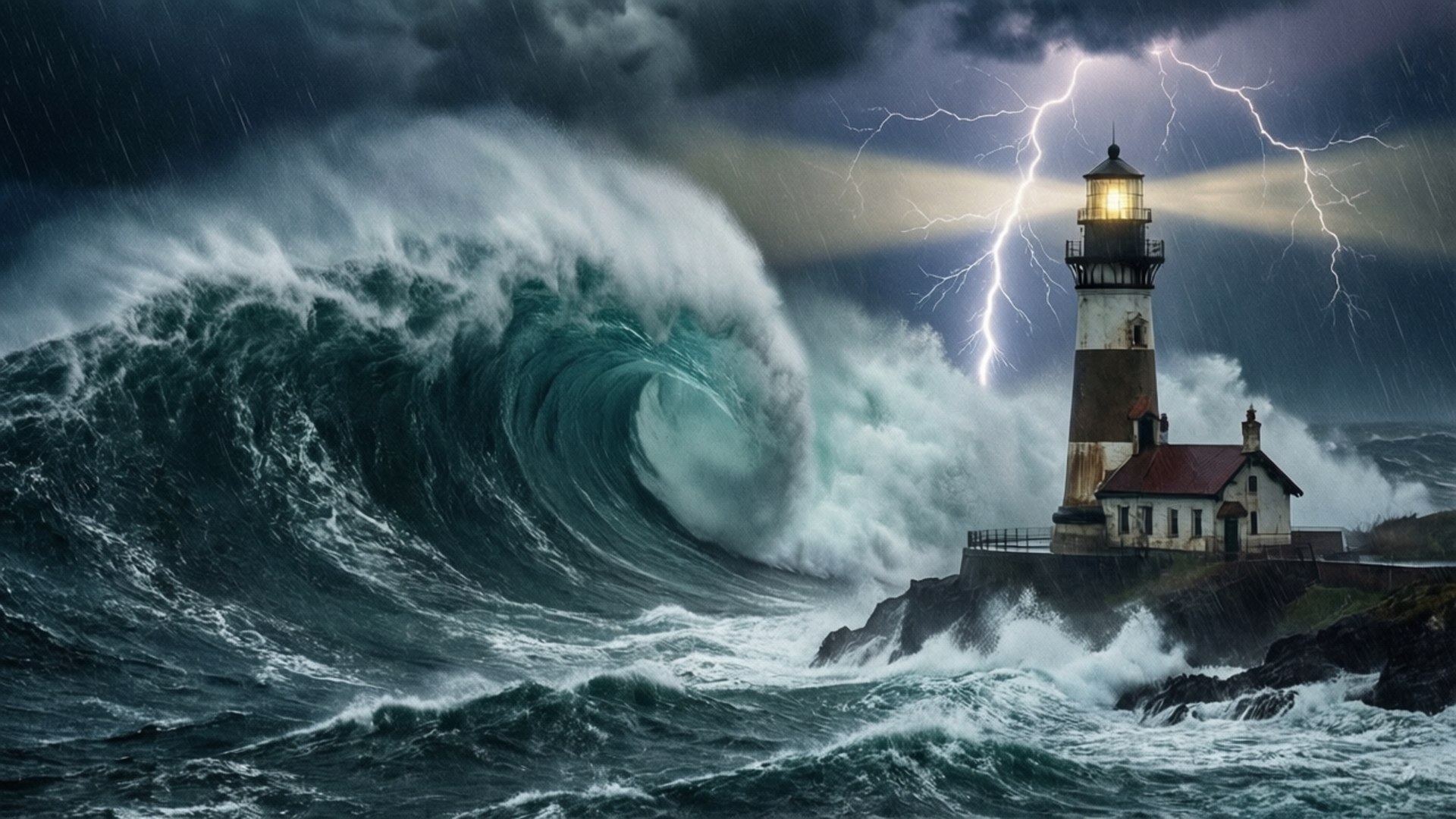 Epic Ocean Storm 壁紙 — 一座高聳的燈塔在猛烈風暴中，面對巨浪撞擊和閃電， defiantly 發光。
