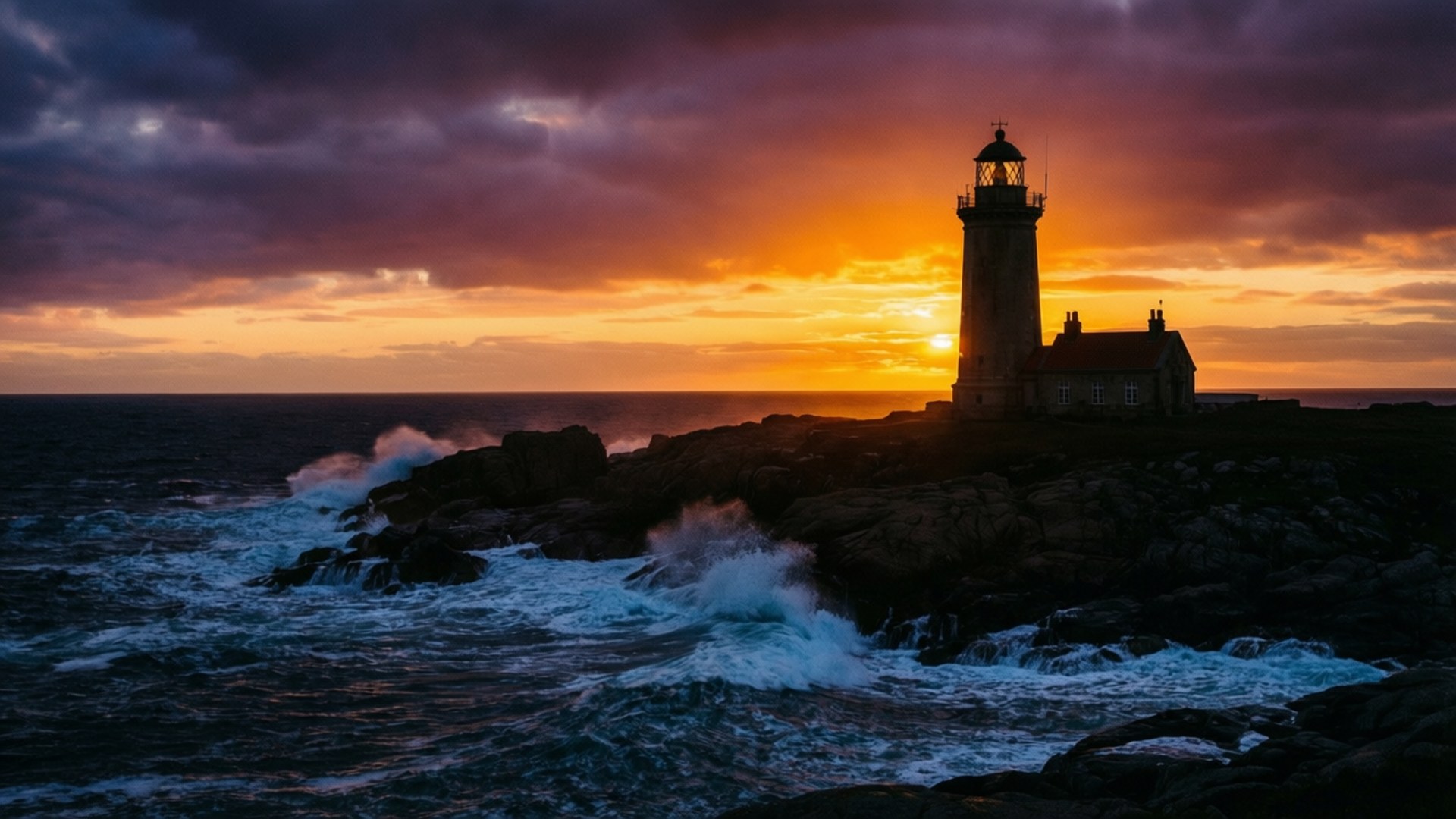 Coastal Lighthouse Sunset 壁紙 — 燈塔在火紅的夕陽下呈現剪影，海浪拍打岩石海岸。