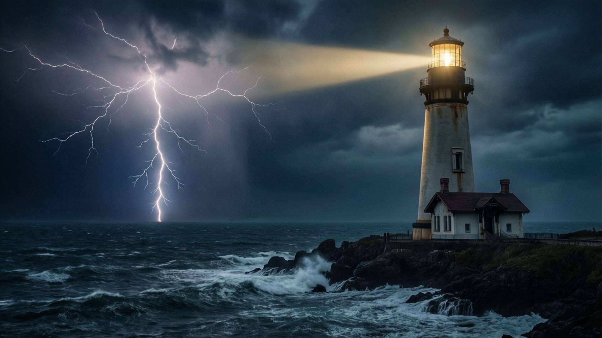 Stormy Lighthouse 壁紙 — 燈塔在暴風雨中發出光芒，閃電擊中附近的海洋。