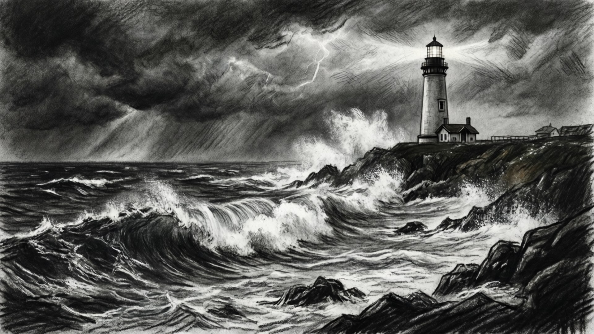 Stormy Sea Charcoal 壁紙 — 一幅戲劇性的黑白素描，描繪燈塔在洶湧波濤和雷電交加的暴風雨中屹立不倒。