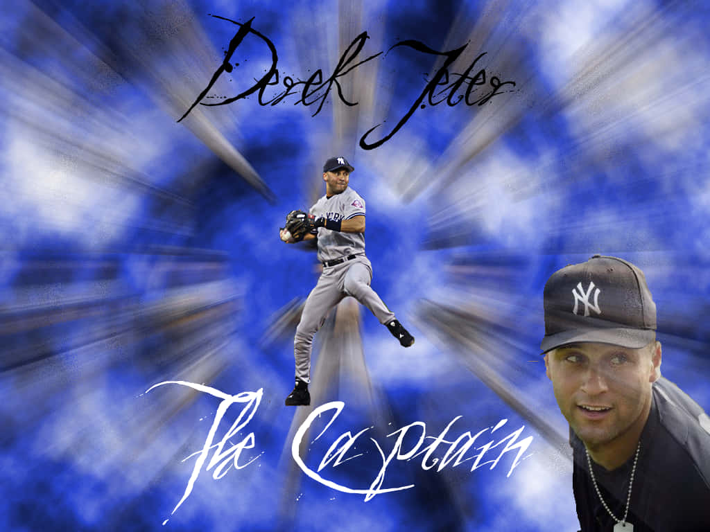 Derek Jeter 桌布 壁紙 — Derek Jeter 身穿洋基隊制服，在動態藍色動感模糊背景中投球，附有他的肖像和簽名。