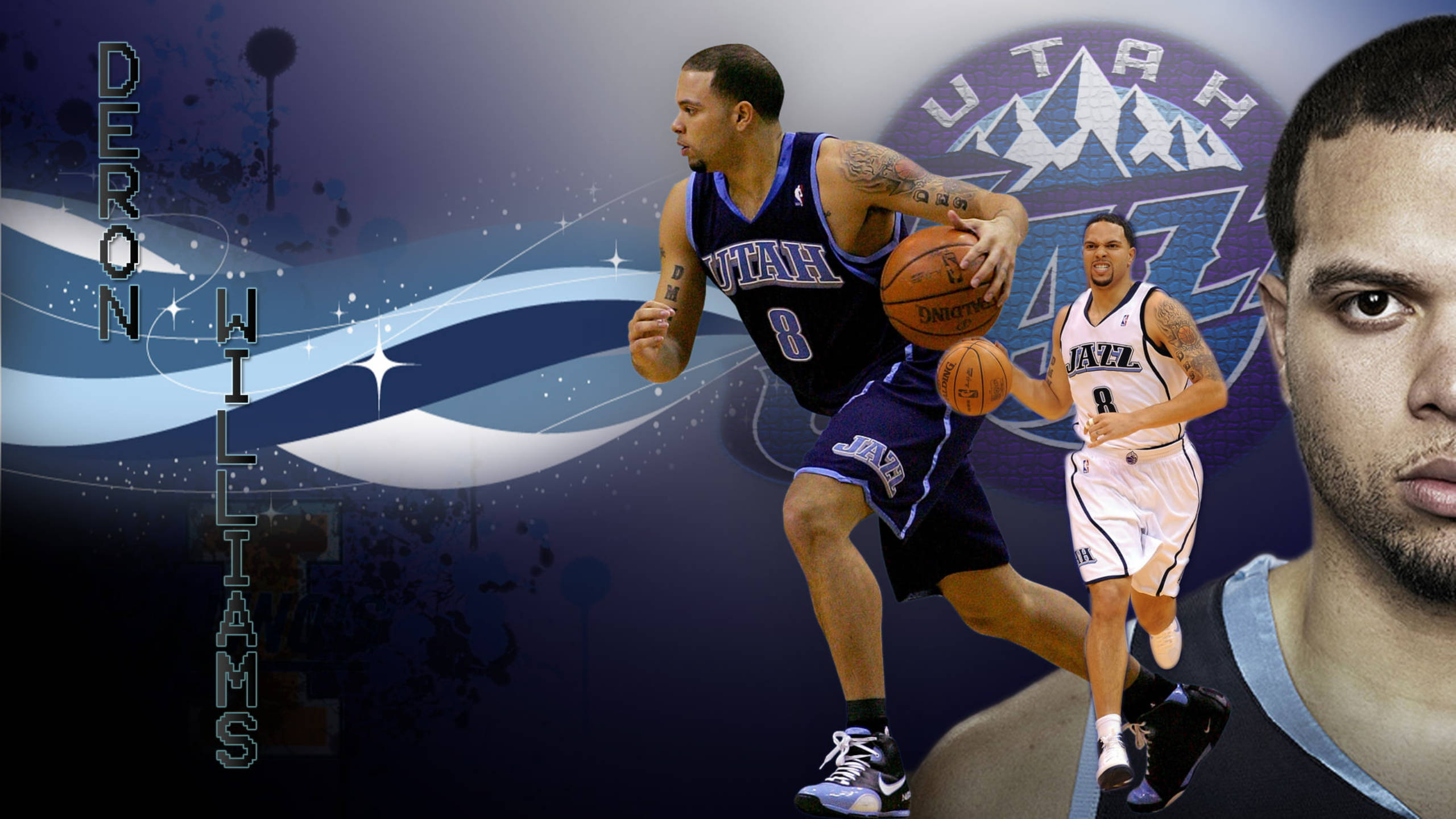 Utah 桌布 壁紙 — Deron Williams 身穿猶他爵士隊球衣，在動態圖形和球隊標誌背景下運球。