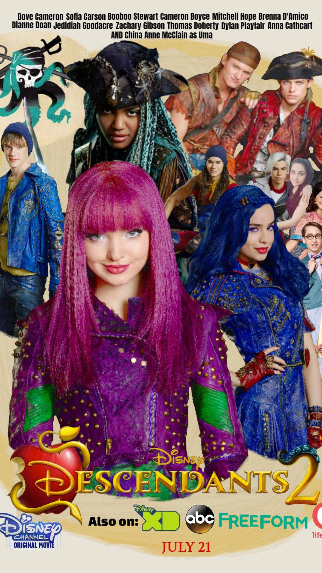 Descendants 桌布 壁紙 — 《Descendants 2》充滿活力的海報，角色穿著色彩繽紛的服裝，背景風格化。