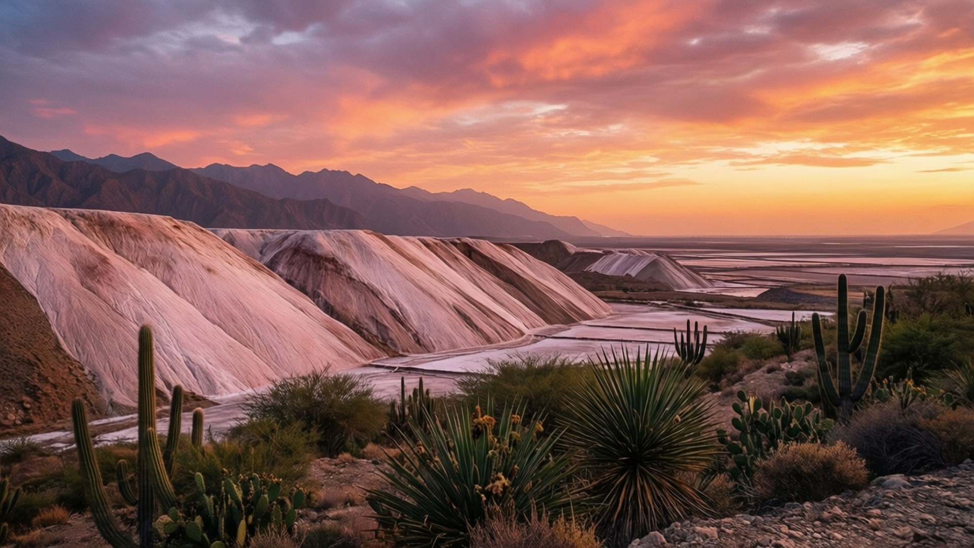 Salt Range Sunset 壁紙 — 一個沙漠峽谷沐浴在熾熱的日落色調中，層疊的粉紅色和白色懸崖、仙人掌和遠處的山脈在戲劇性的橙色天空下。