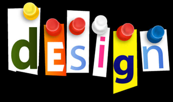 Graphics Design 桌布 壁紙 — 「design」這個詞用色彩繽紛的剪出字母拼出，並用鮮豔的圖釘固定在黑色背景上。
