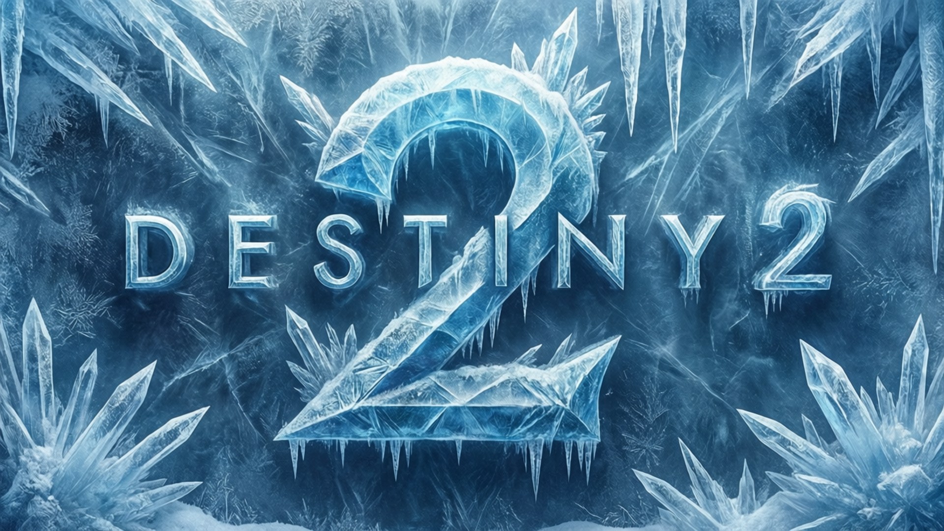 桌布 壁紙 — Destiny 2 標誌被複雜的冰晶和霜凍包裹在深藍色冰背景上。