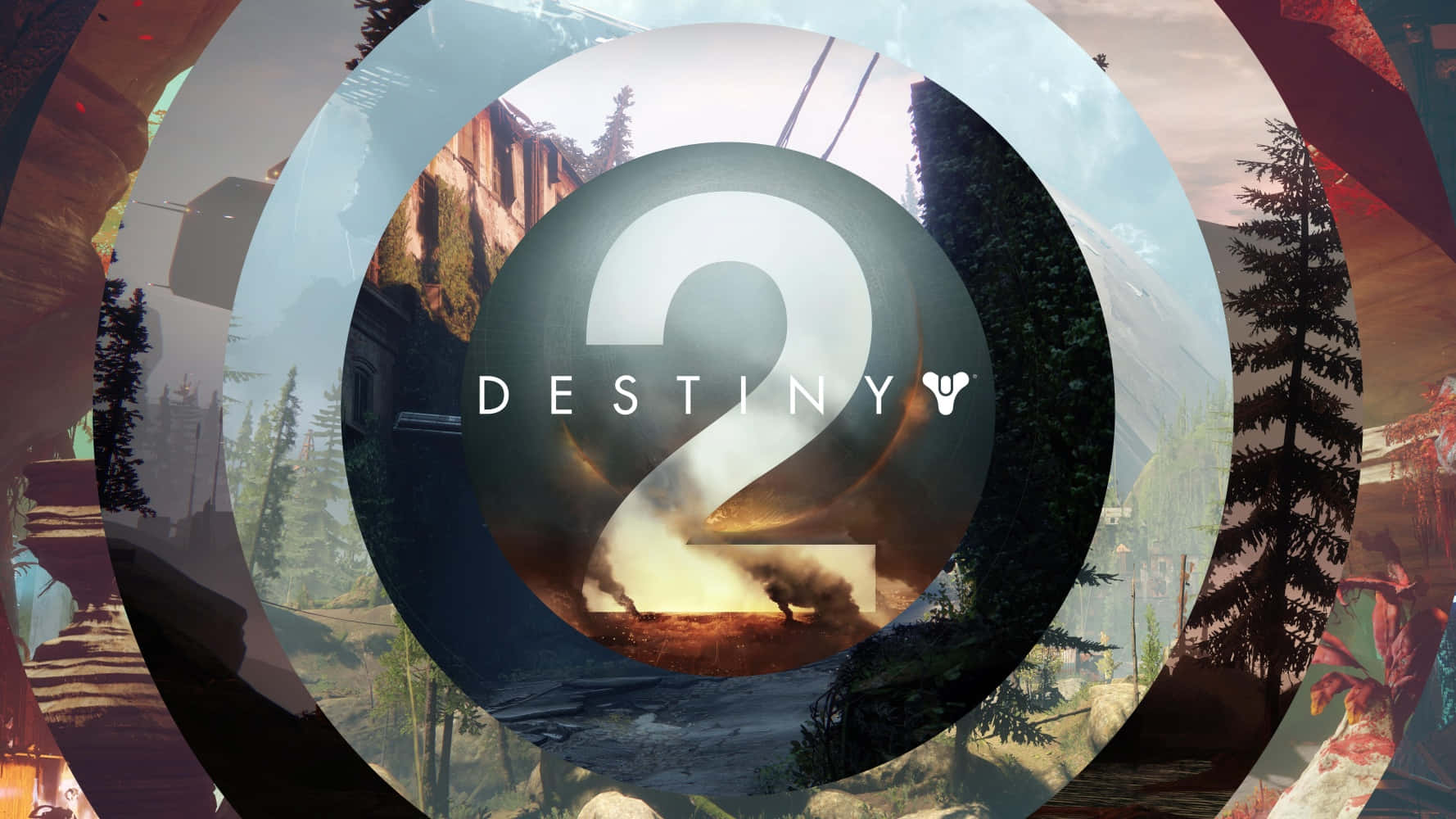 電玩遊戲 桌布 壁紙 — Destiny 2 標誌在同心圓環的中心發光，展現出多樣的科幻風景和外星植物。