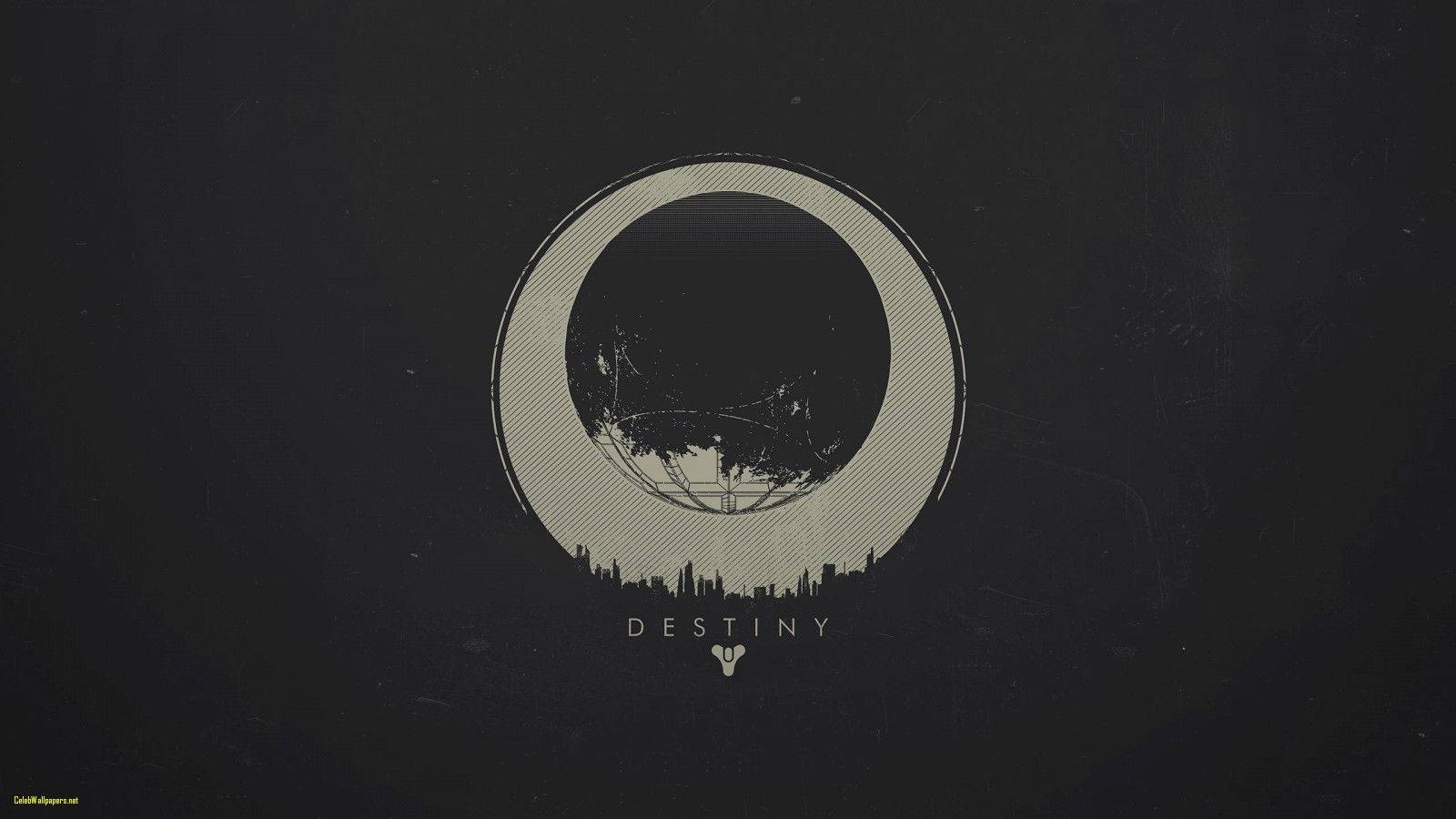 Destiny 桌布 壁紙 — Destiny 的極簡單色標誌，圓形框架內有城市天際線剪影，背景為深色紋理。