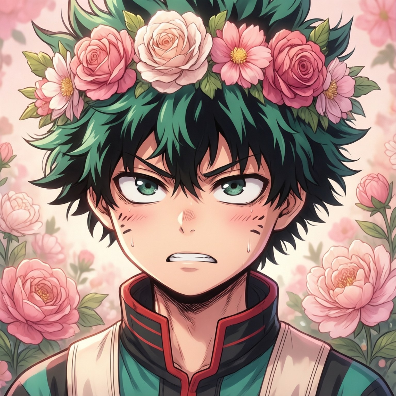 Bakugou Flower Crown 壁紙 — 一個堅定的動畫男孩，綠色頭髮和眼睛，戴著粉紅玫瑰冠冕，背景是花卉圖案。