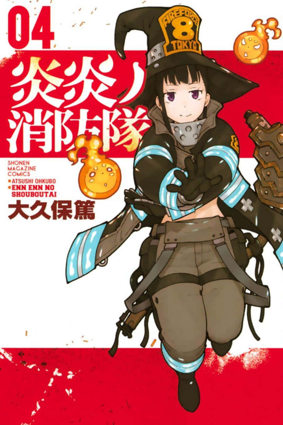 穿著消防員裝備的動畫女孩，帶著火焰主題配件跳躍。 — Fire Emblem Warriors 壁紙