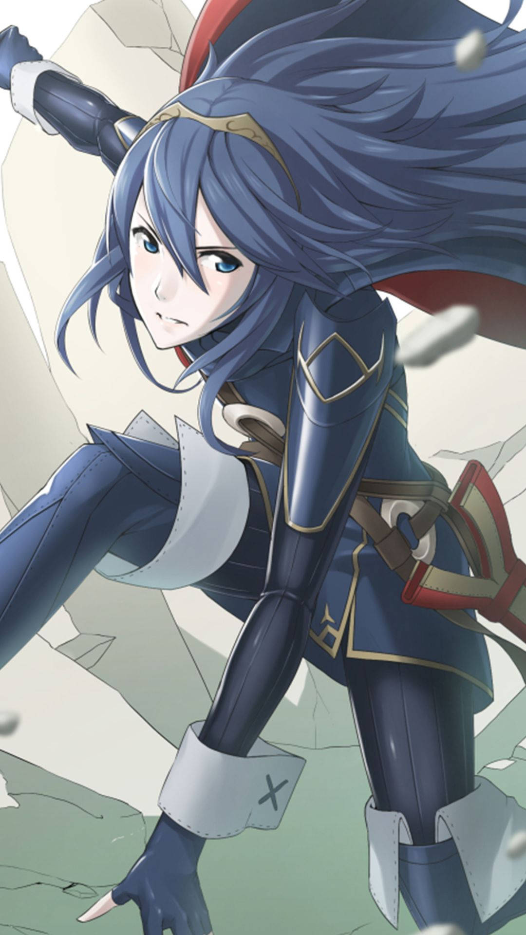 身穿藍色盔甲的動漫戰士女孩，拔劍擊碎石頭。 — Fire Emblem Warriors 壁紙
