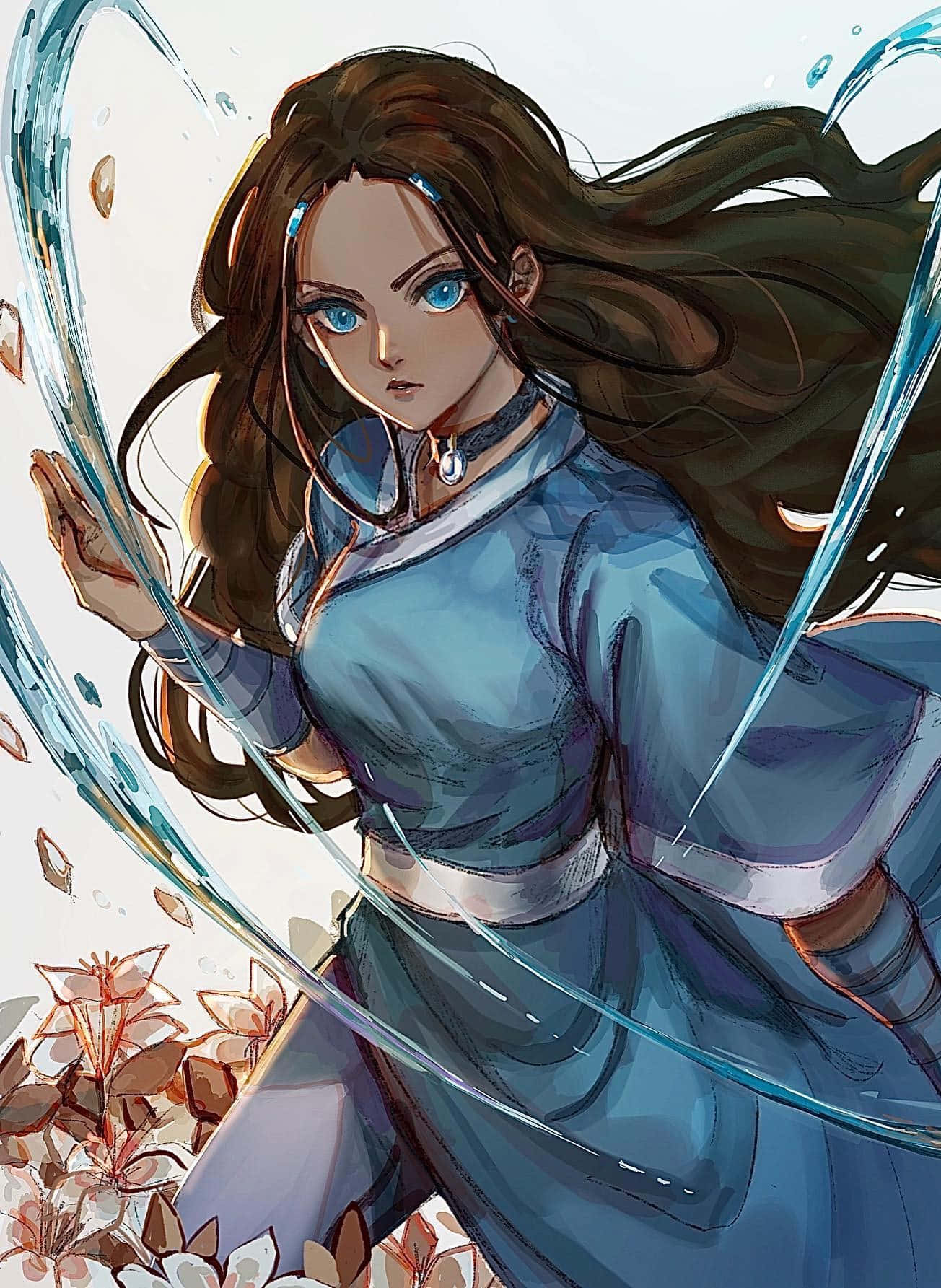  壁紙 — 一個堅定的動漫女孩，藍色眼睛，棕色長髮飄逸，以動態姿勢將水引導成圍繞她的旋轉弧線。