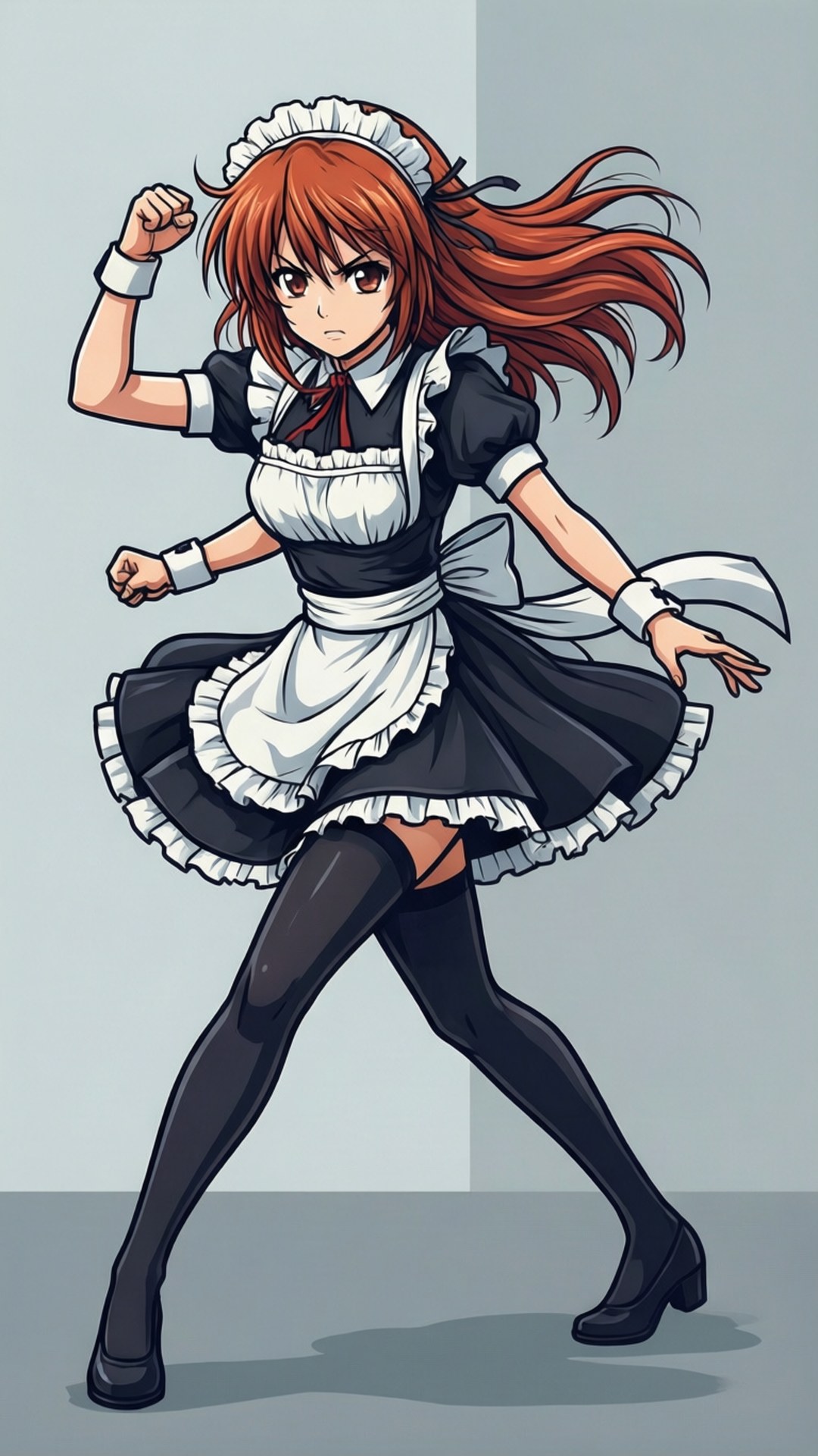 Kaichou Wa Maid Sama 桌布 壁紙 — 一位意志堅定的動漫女僕，擁有火紅的頭髮，在樸素的灰色牆壁前擺出充滿動感的姿勢。